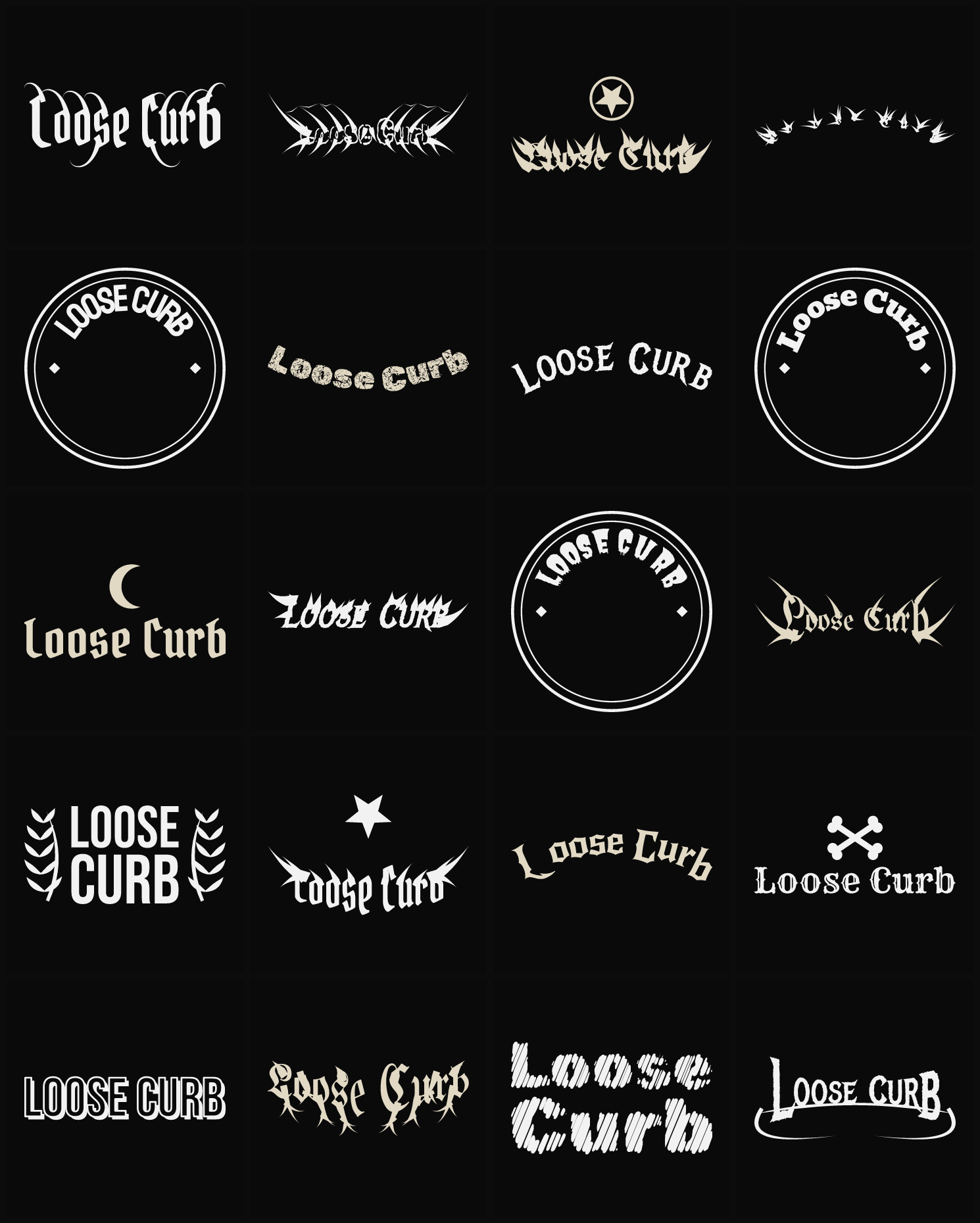 Twenty Loose Curb band logo ideas — different faces, treatments and spike settings