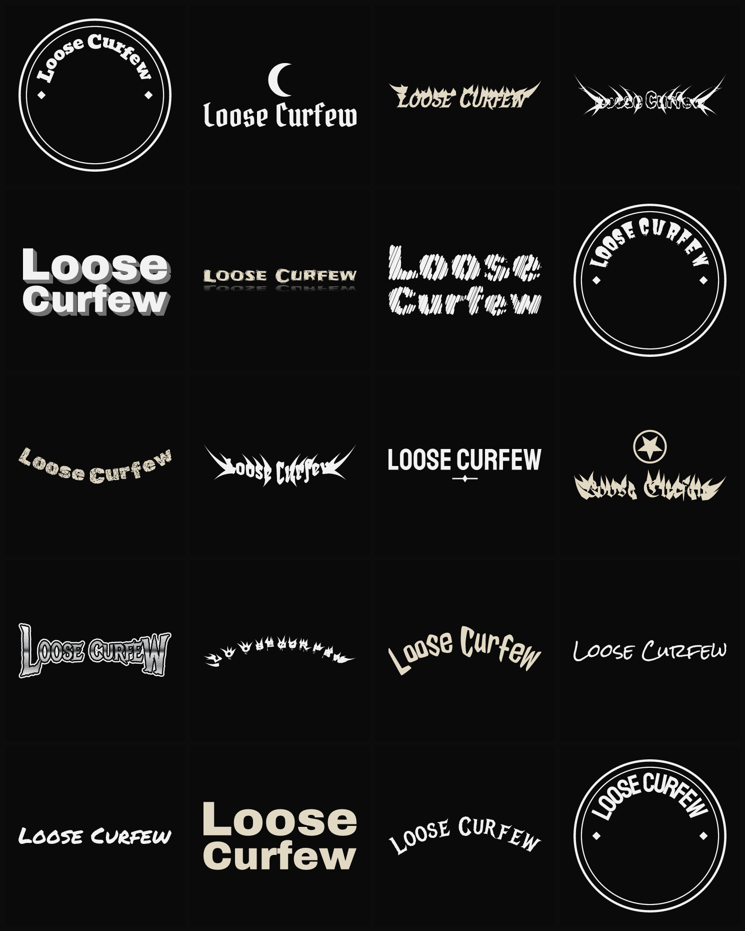 Twenty Loose Curfew band logo ideas — different faces, treatments and spike settings