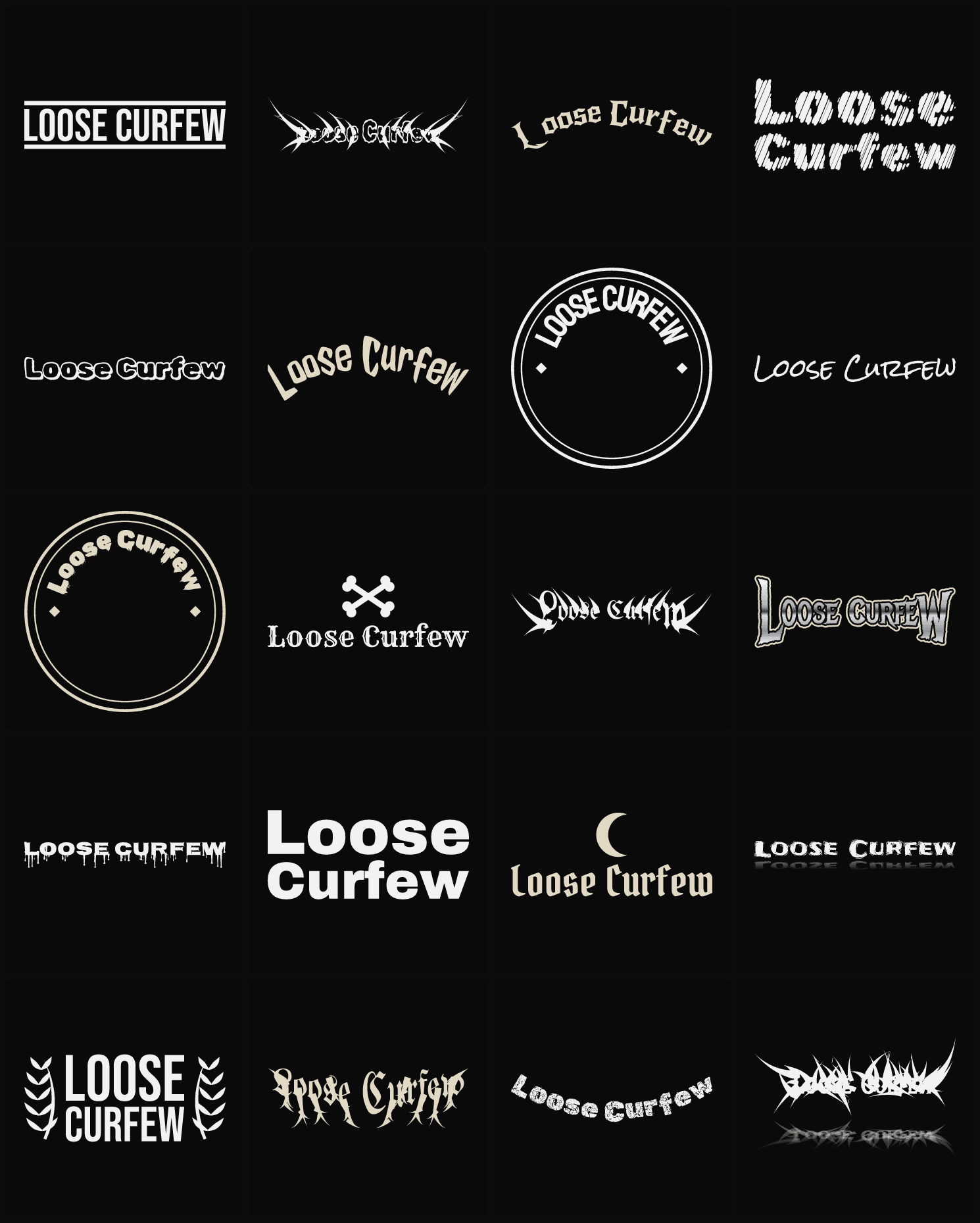 Twenty Loose Curfew band logo ideas — different faces, treatments and spike settings