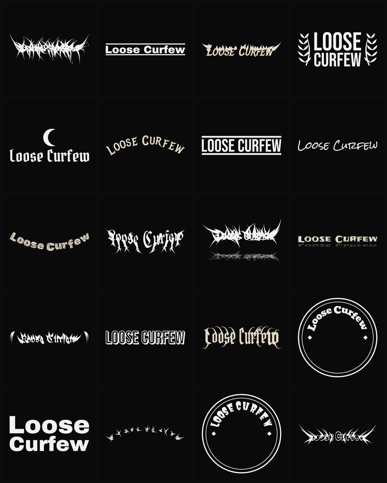 Twenty Loose Curfew band logo ideas — different faces, treatments and spike settings