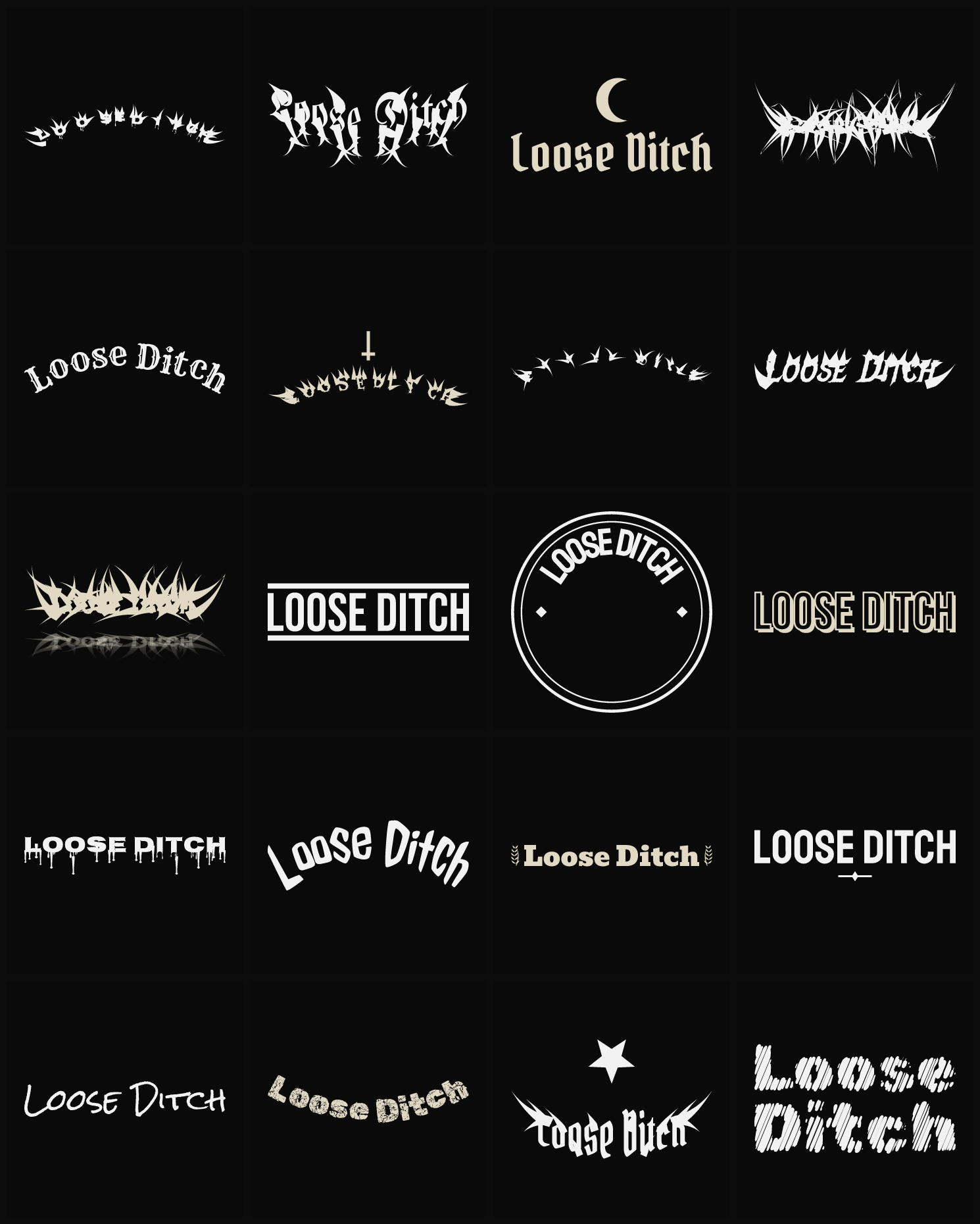 Twenty Loose Ditch band logo ideas — different faces, treatments and spike settings
