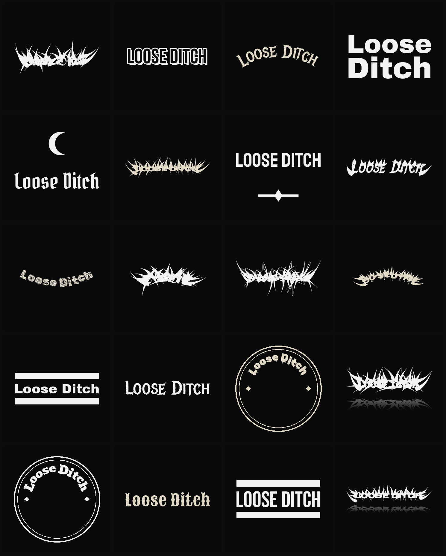 Twenty Loose Ditch band logo ideas — different faces, treatments and spike settings