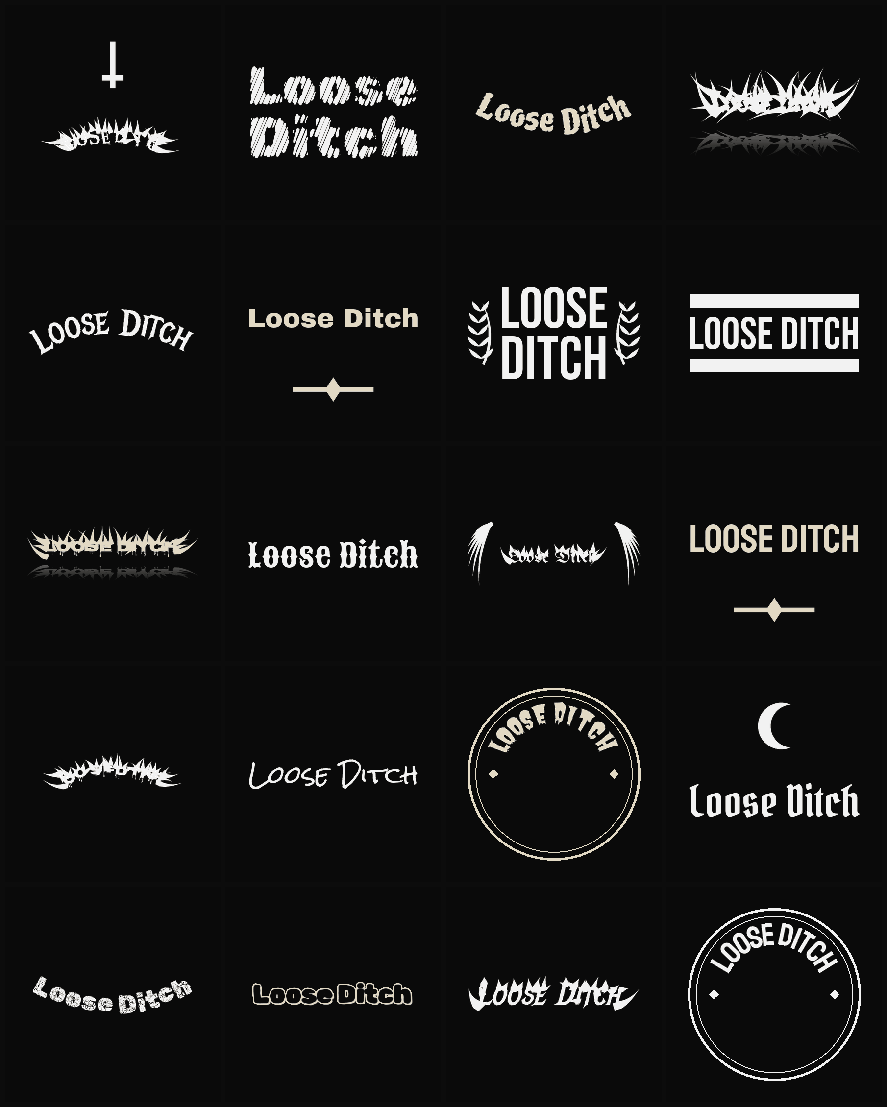 Twenty Loose Ditch band logo ideas — different faces, treatments and spike settings