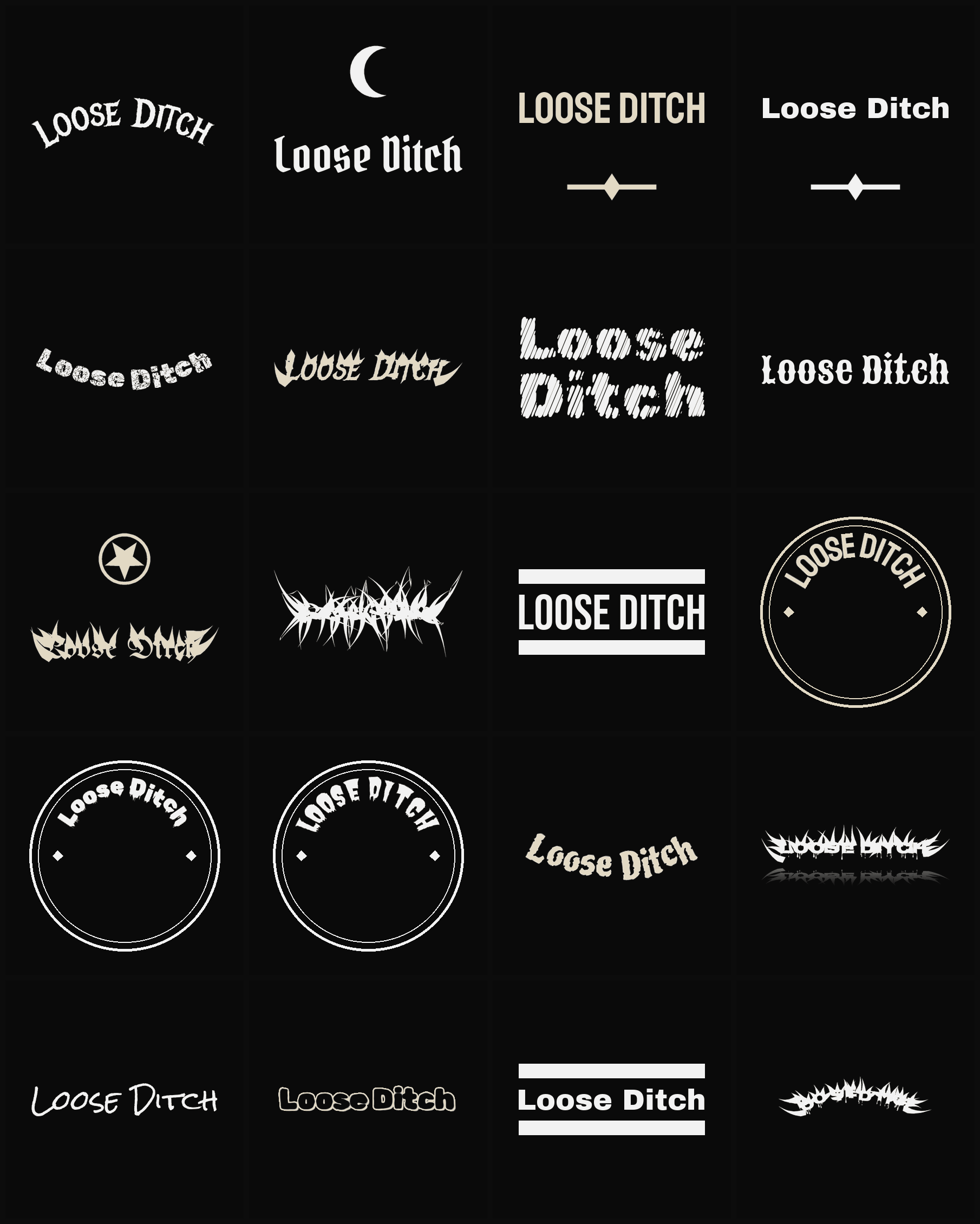 Twenty Loose Ditch band logo ideas — different faces, treatments and spike settings