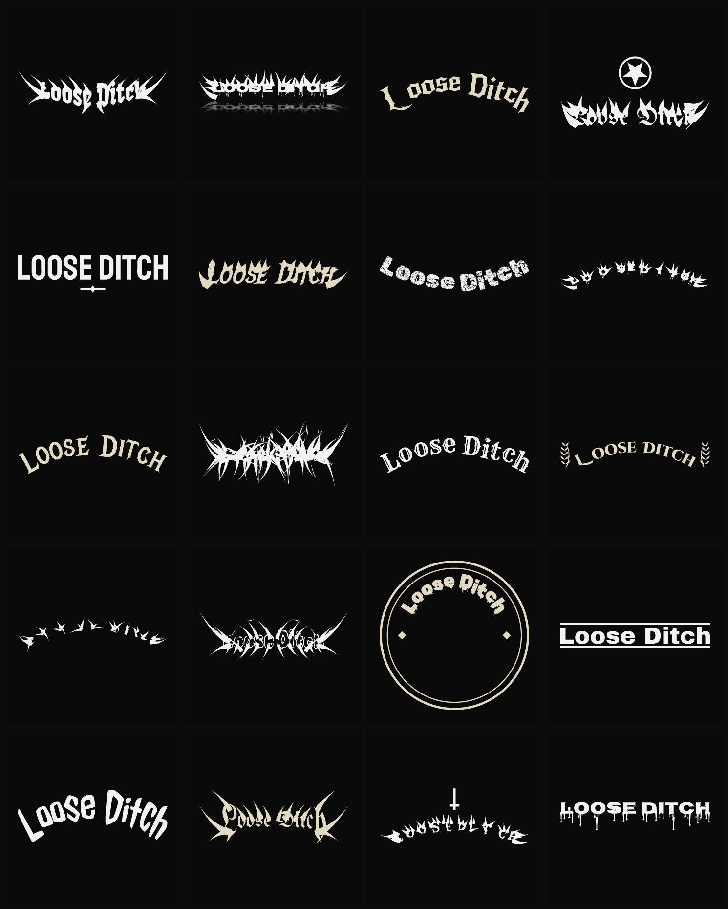 Twenty Loose Ditch band logo ideas — different faces, treatments and spike settings