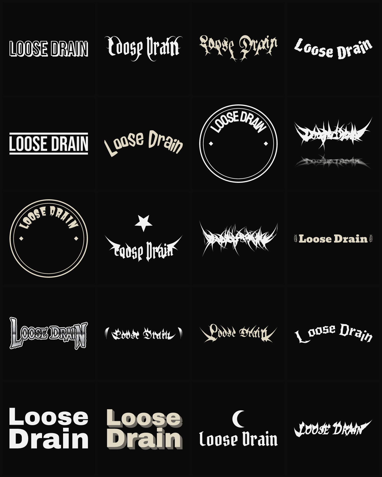 Twenty Loose Drain band logo ideas — different faces, treatments and spike settings