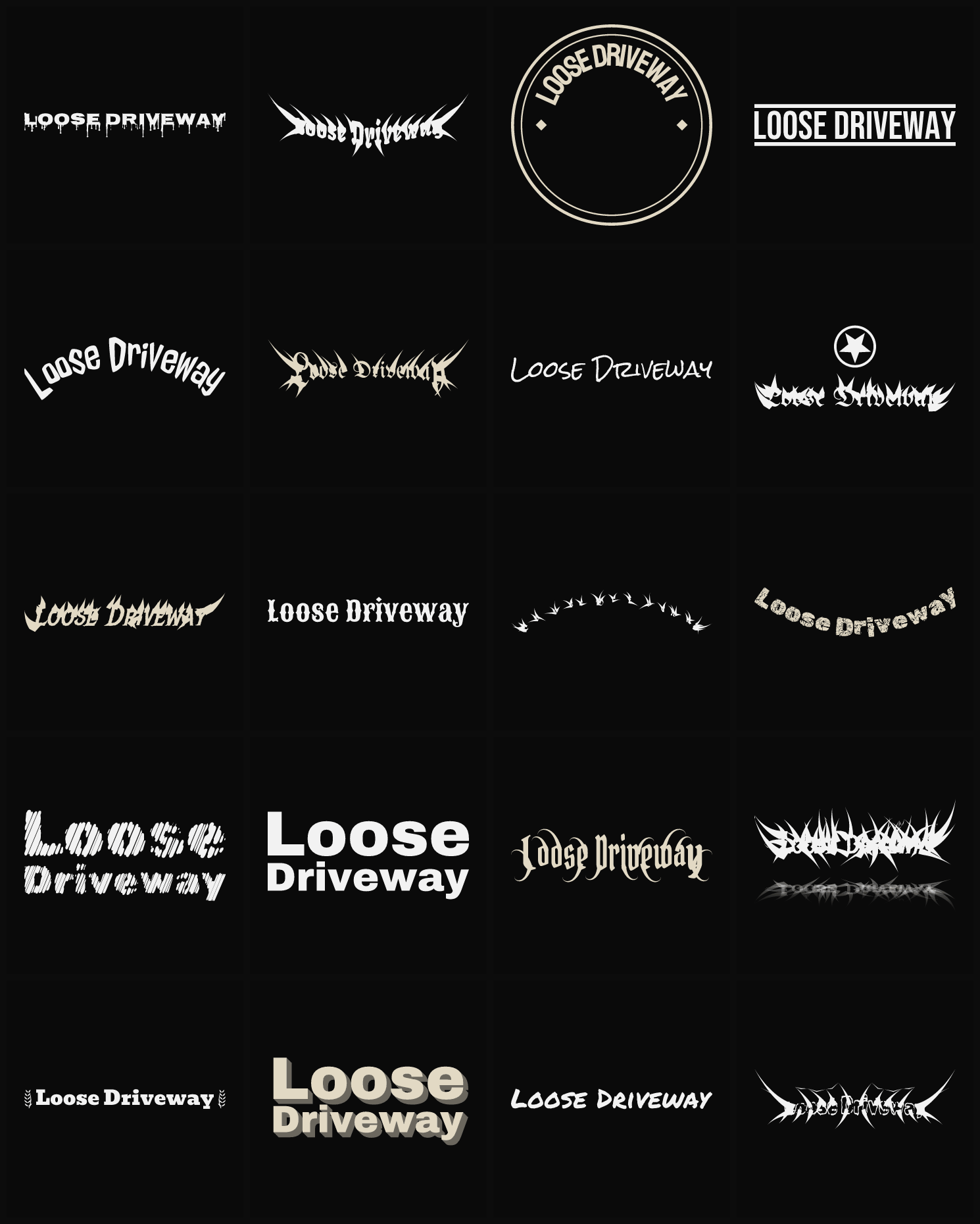 Twenty Loose Driveway band logo ideas — different faces, treatments and spike settings