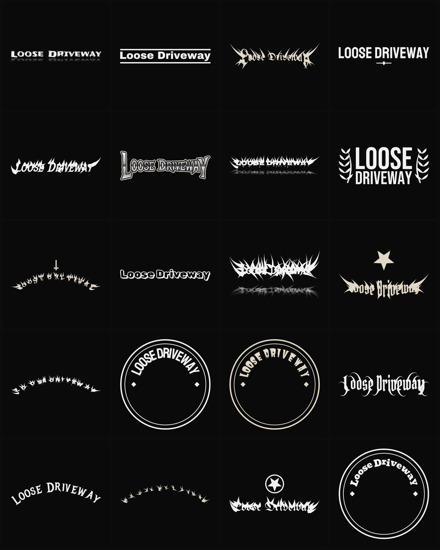 Twenty Loose Driveway band logo ideas — different faces, treatments and spike settings