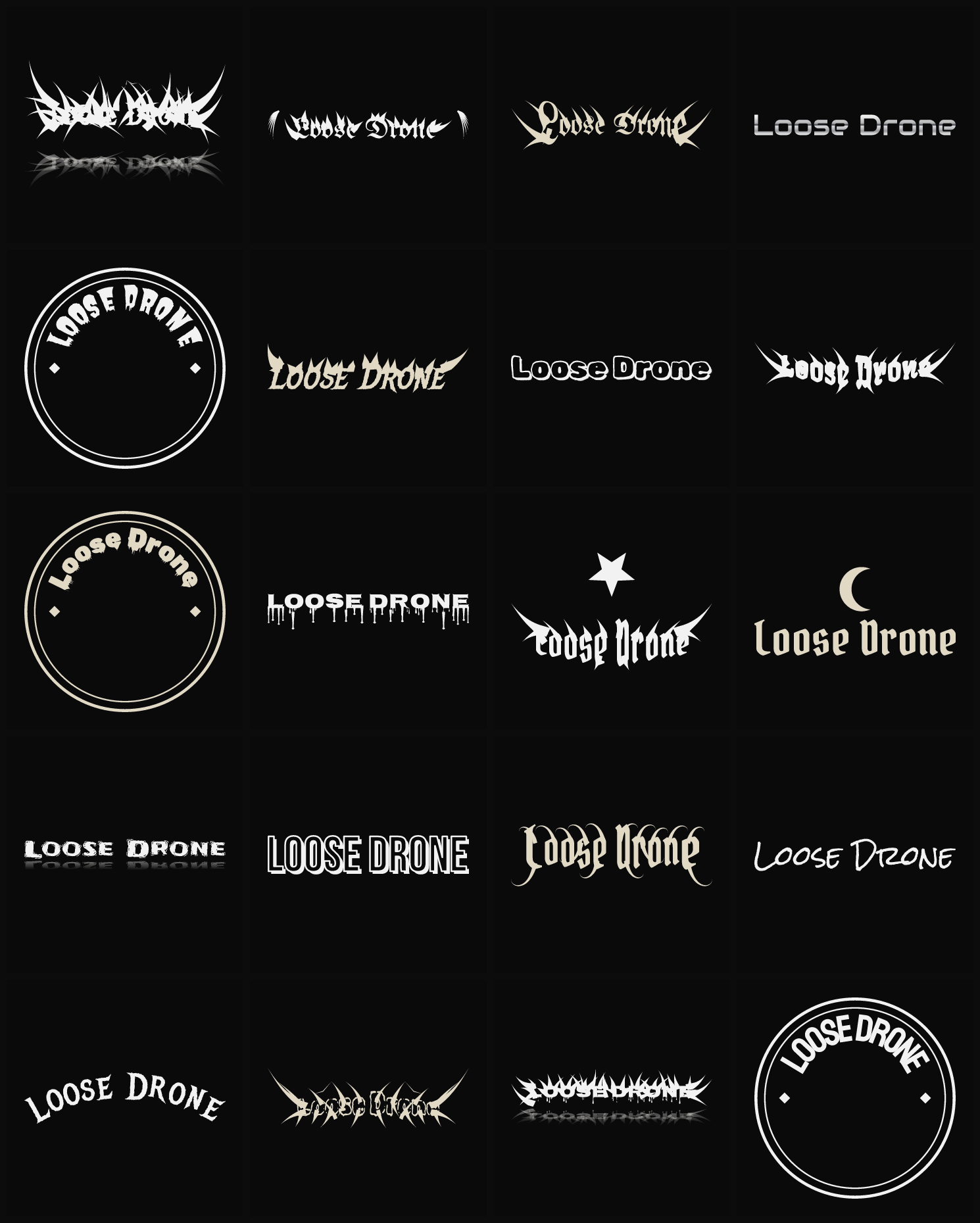 Twenty Loose Drone band logo ideas — different faces, treatments and spike settings