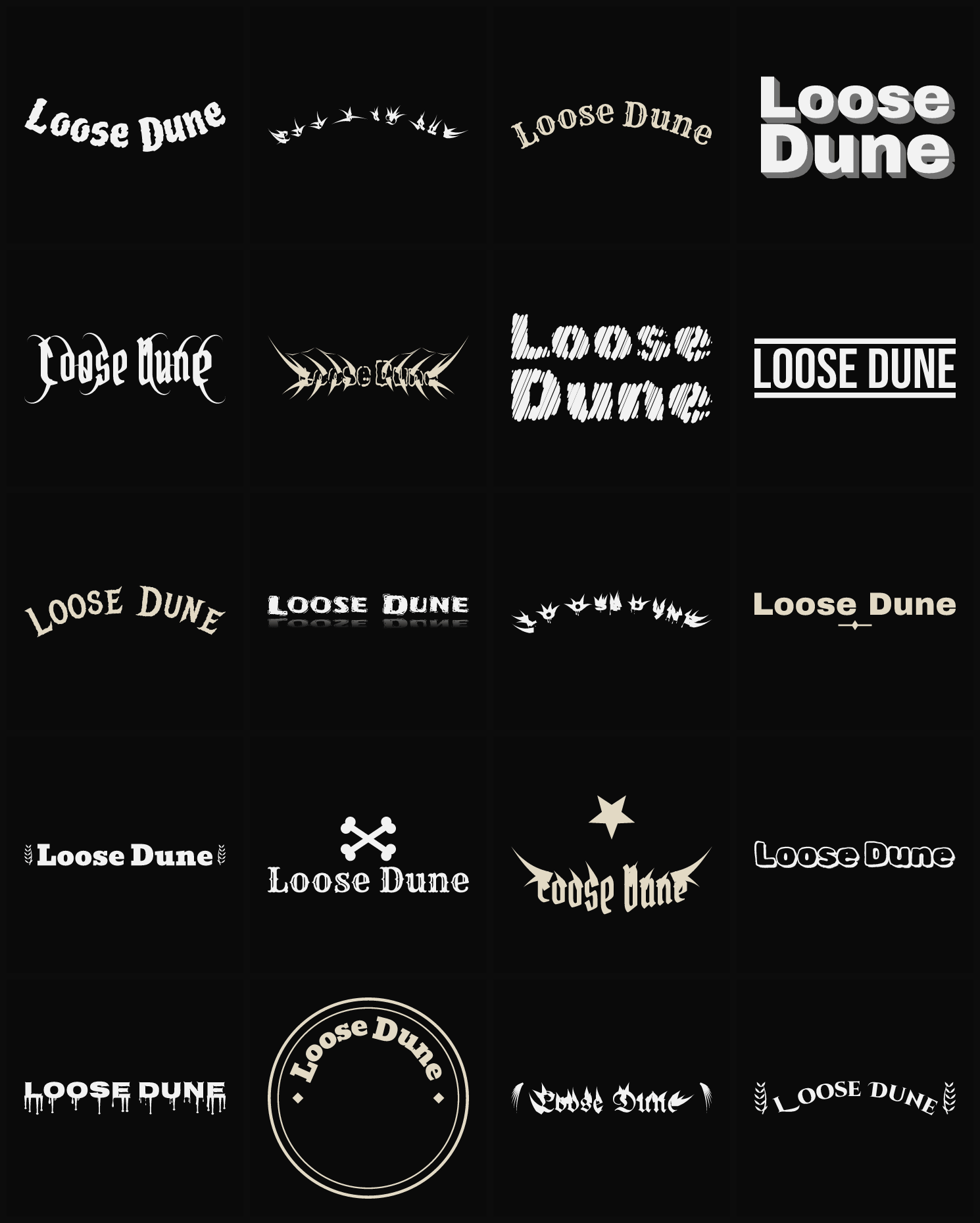 Twenty Loose Dune band logo ideas — different faces, treatments and spike settings