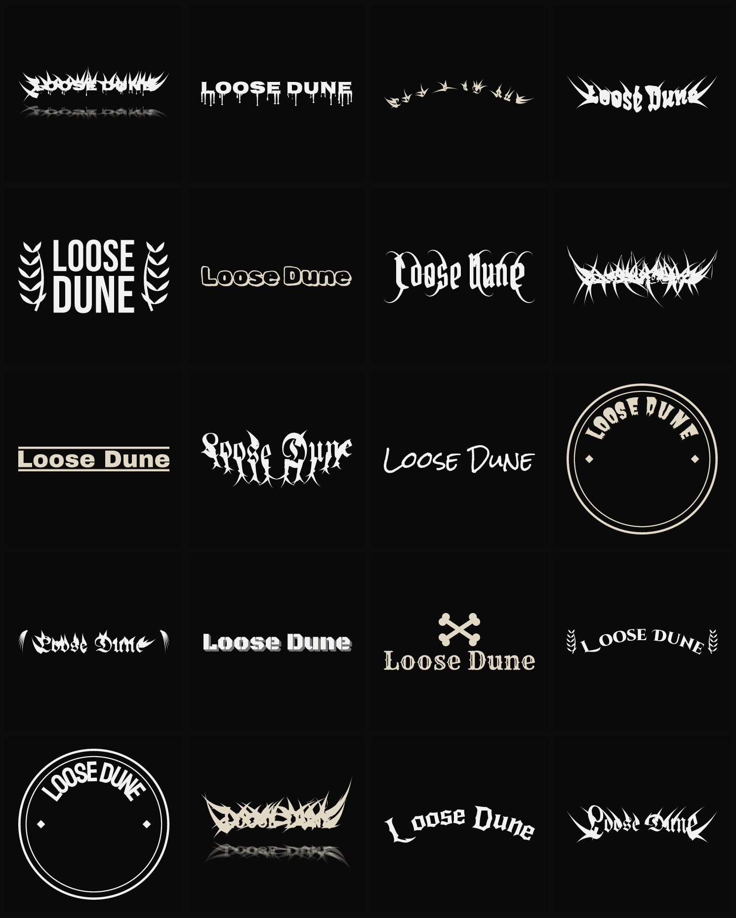 Twenty Loose Dune band logo ideas — different faces, treatments and spike settings