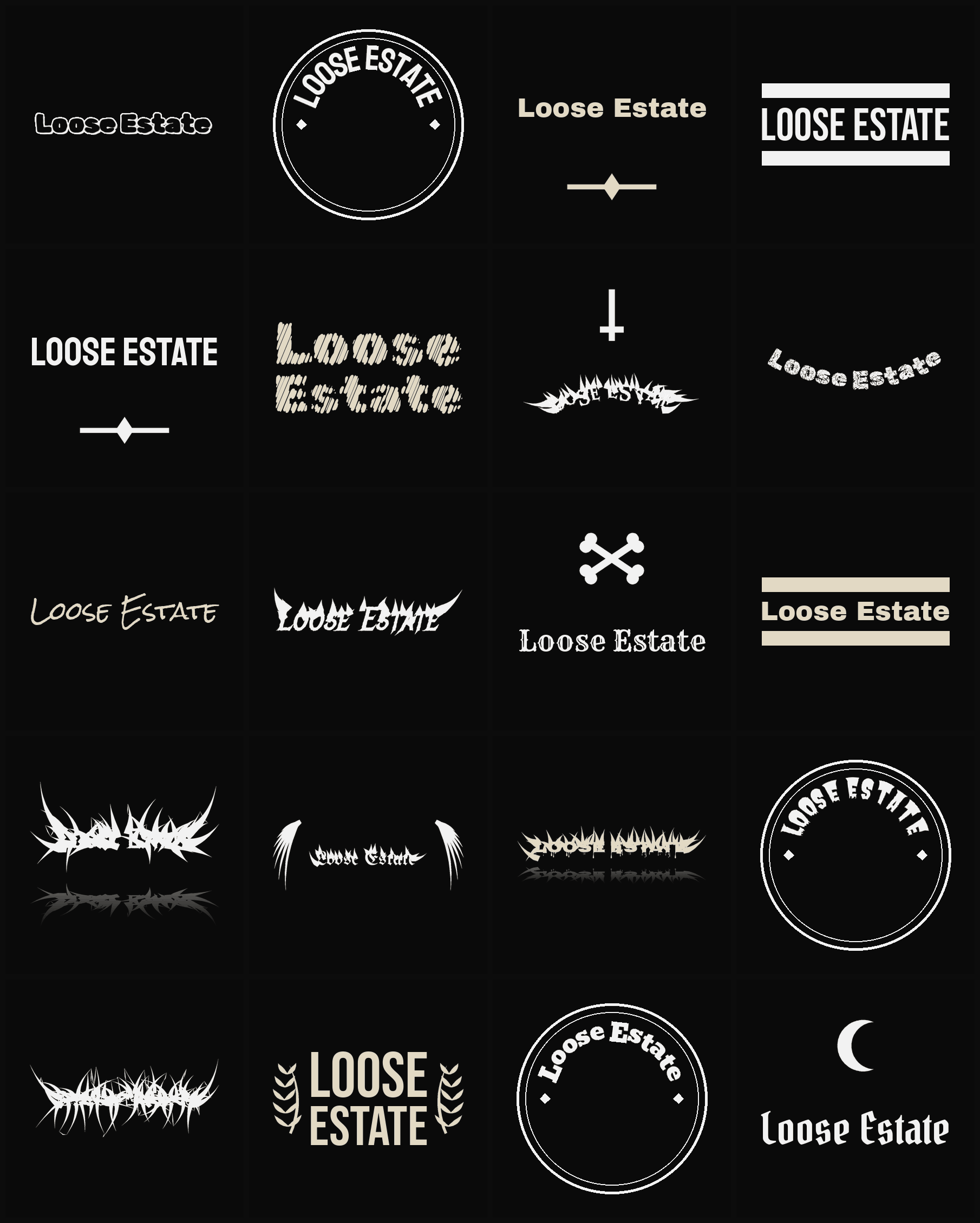Twenty Loose Estate band logo ideas — different faces, treatments and spike settings