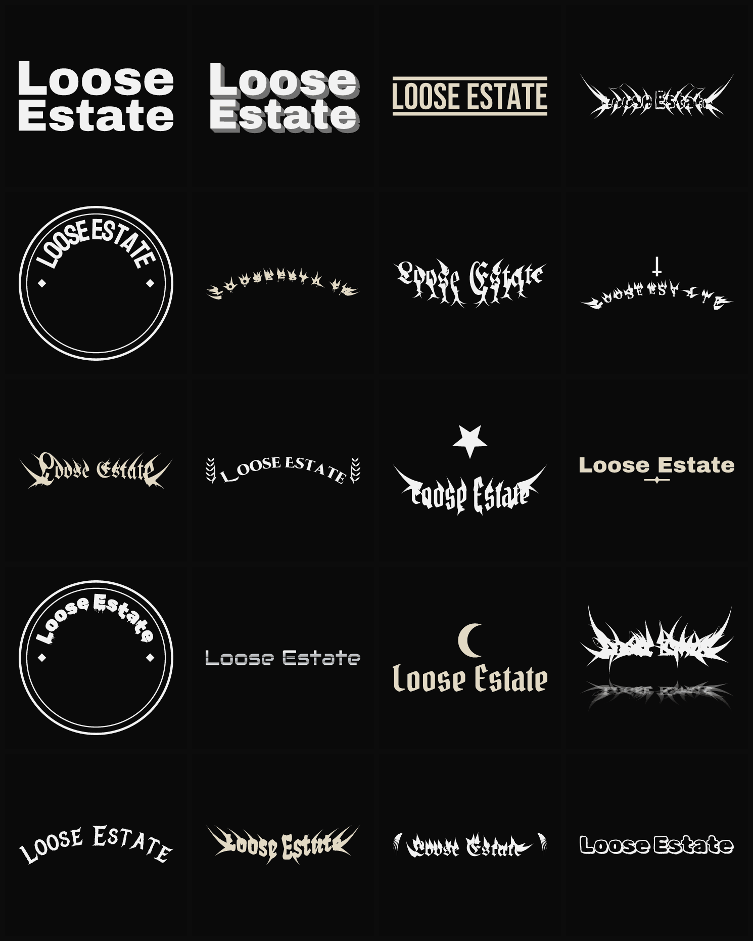 Twenty Loose Estate band logo ideas — different faces, treatments and spike settings