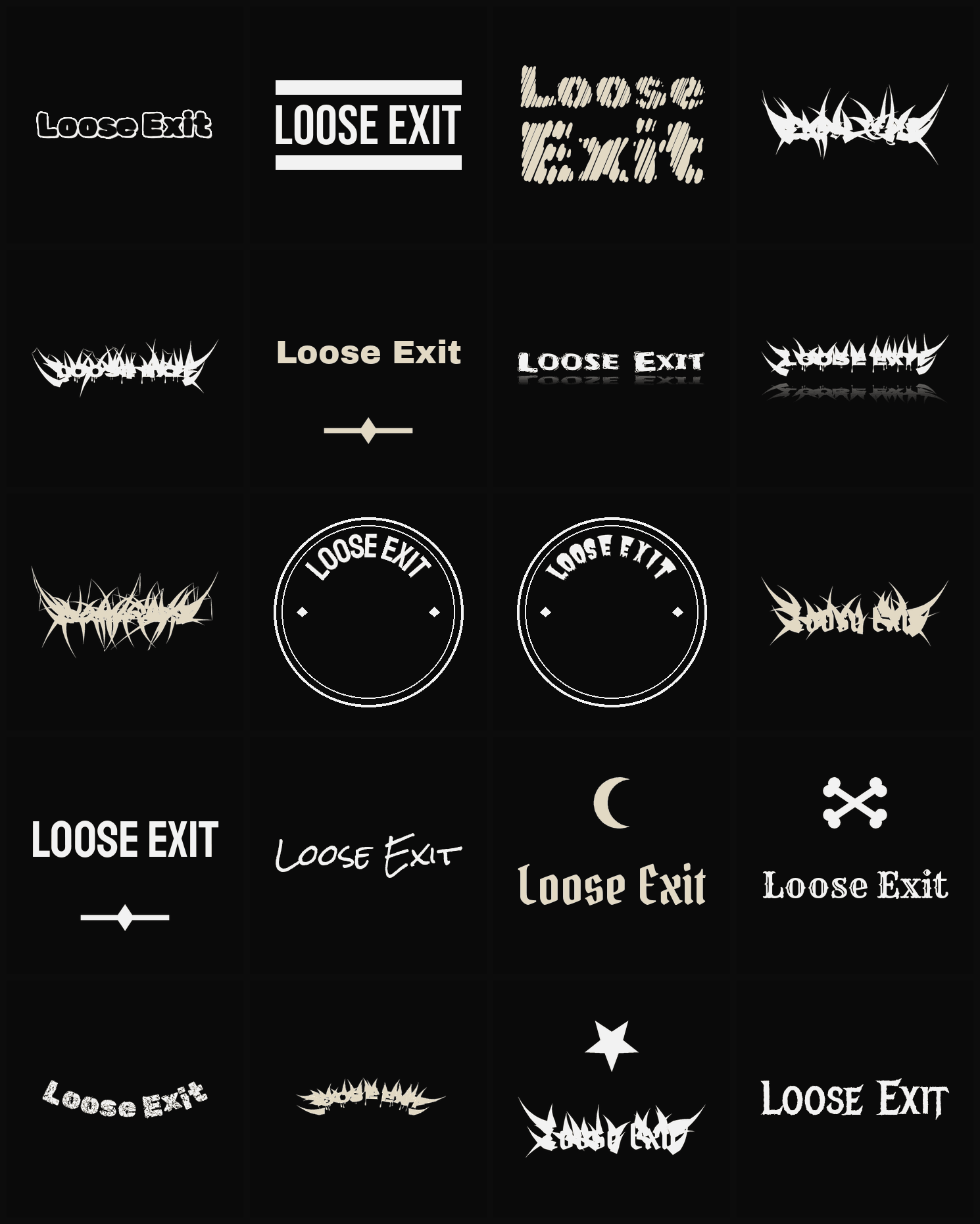 Twenty Loose Exit band logo ideas — different faces, treatments and spike settings