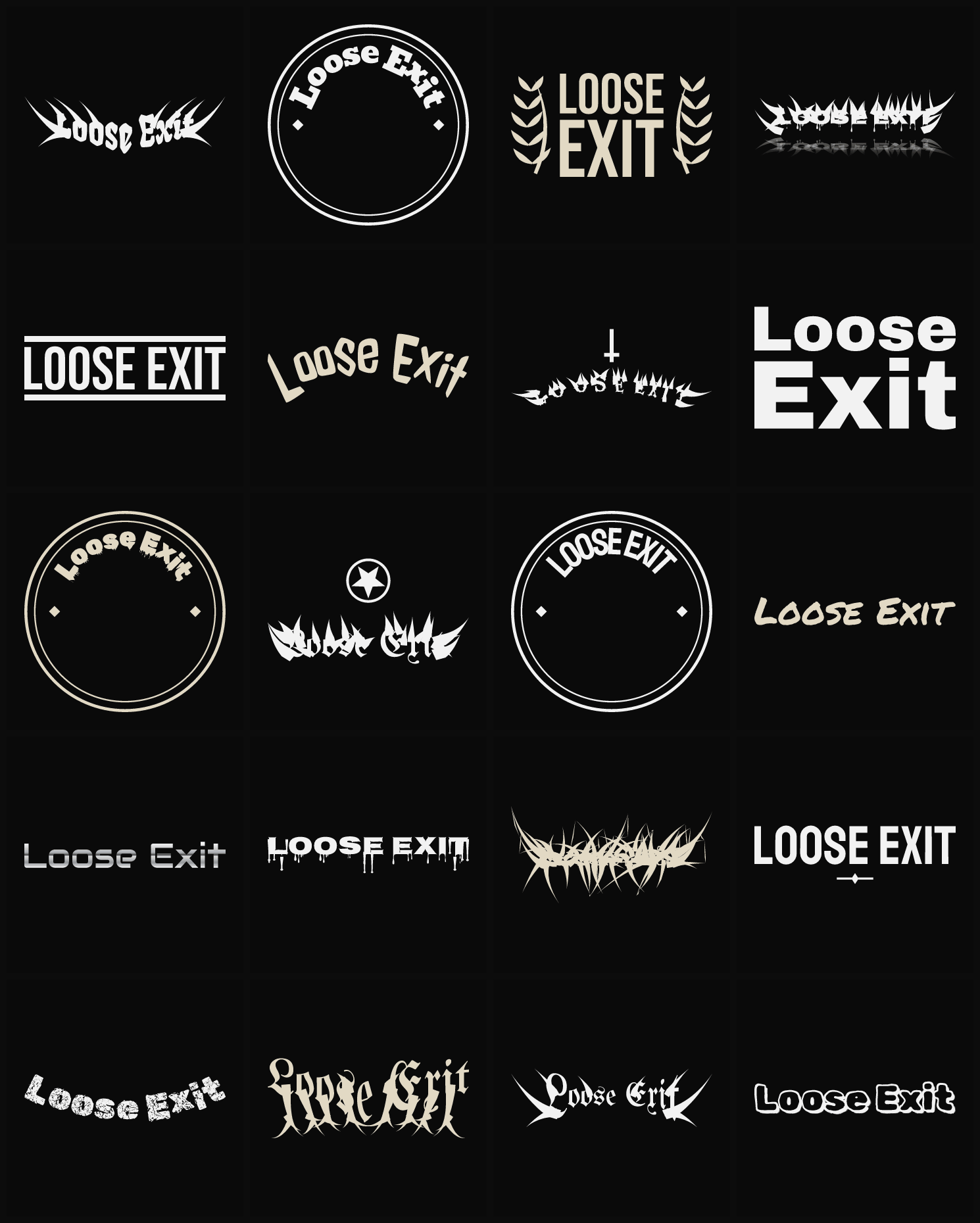 Twenty Loose Exit band logo ideas — different faces, treatments and spike settings