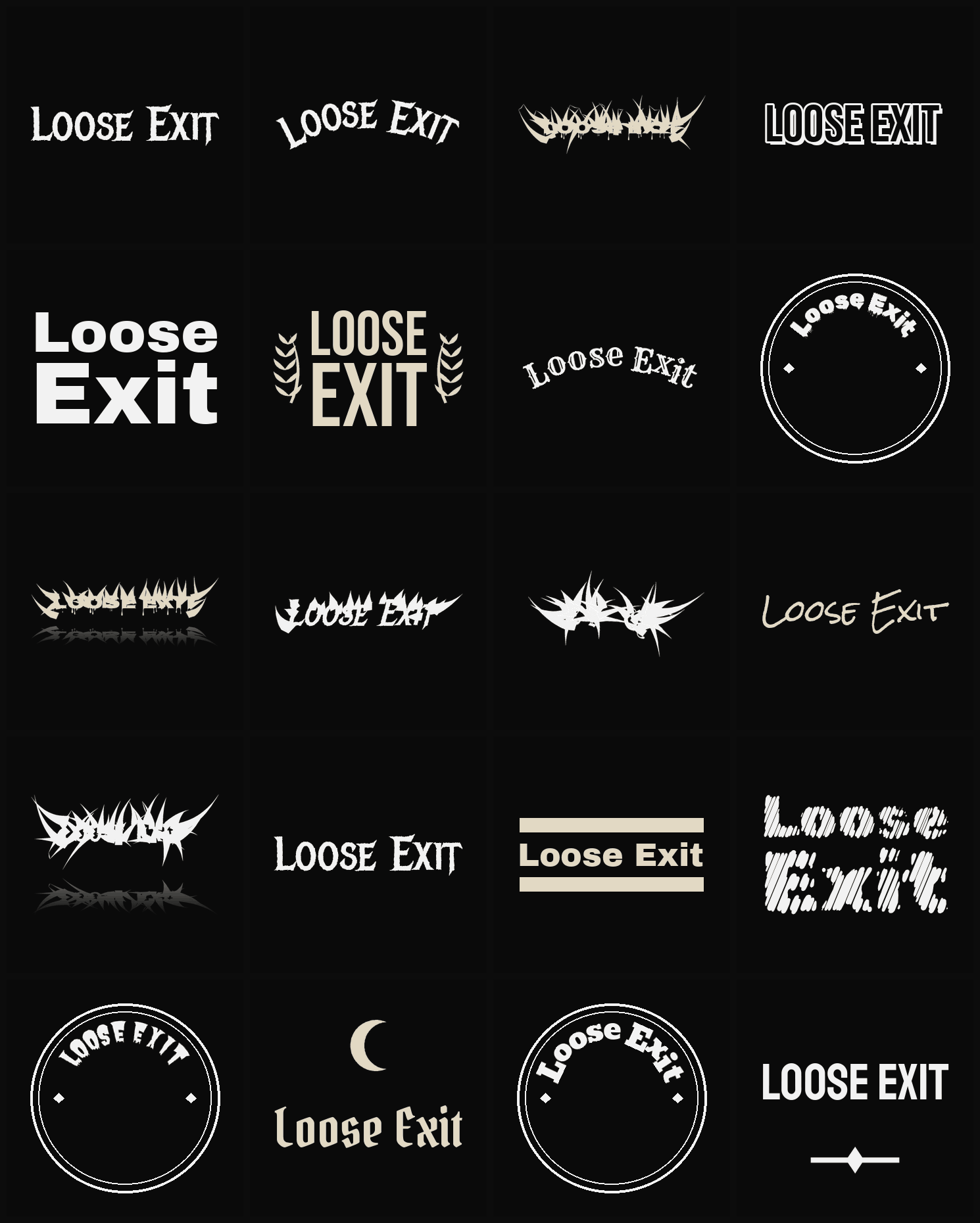 Twenty Loose Exit band logo ideas — different faces, treatments and spike settings