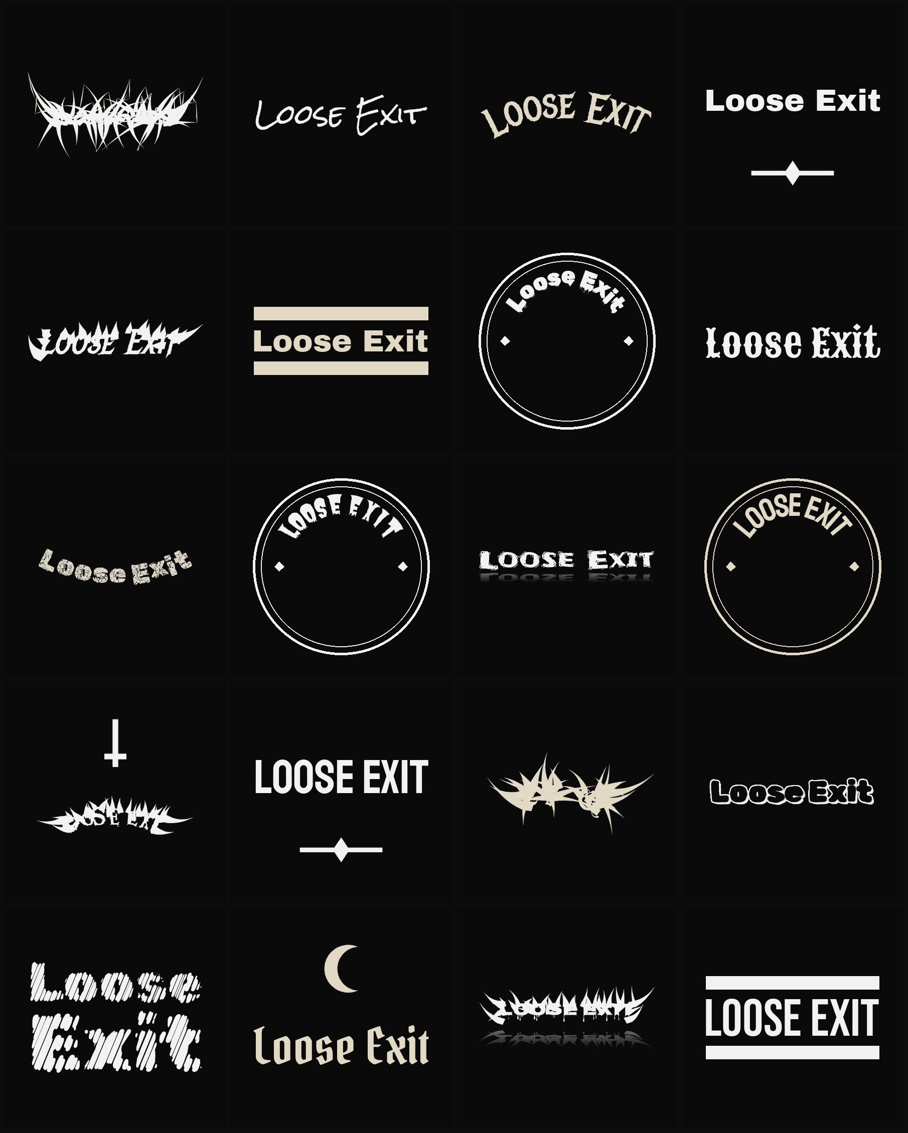 Twenty Loose Exit band logo ideas — different faces, treatments and spike settings