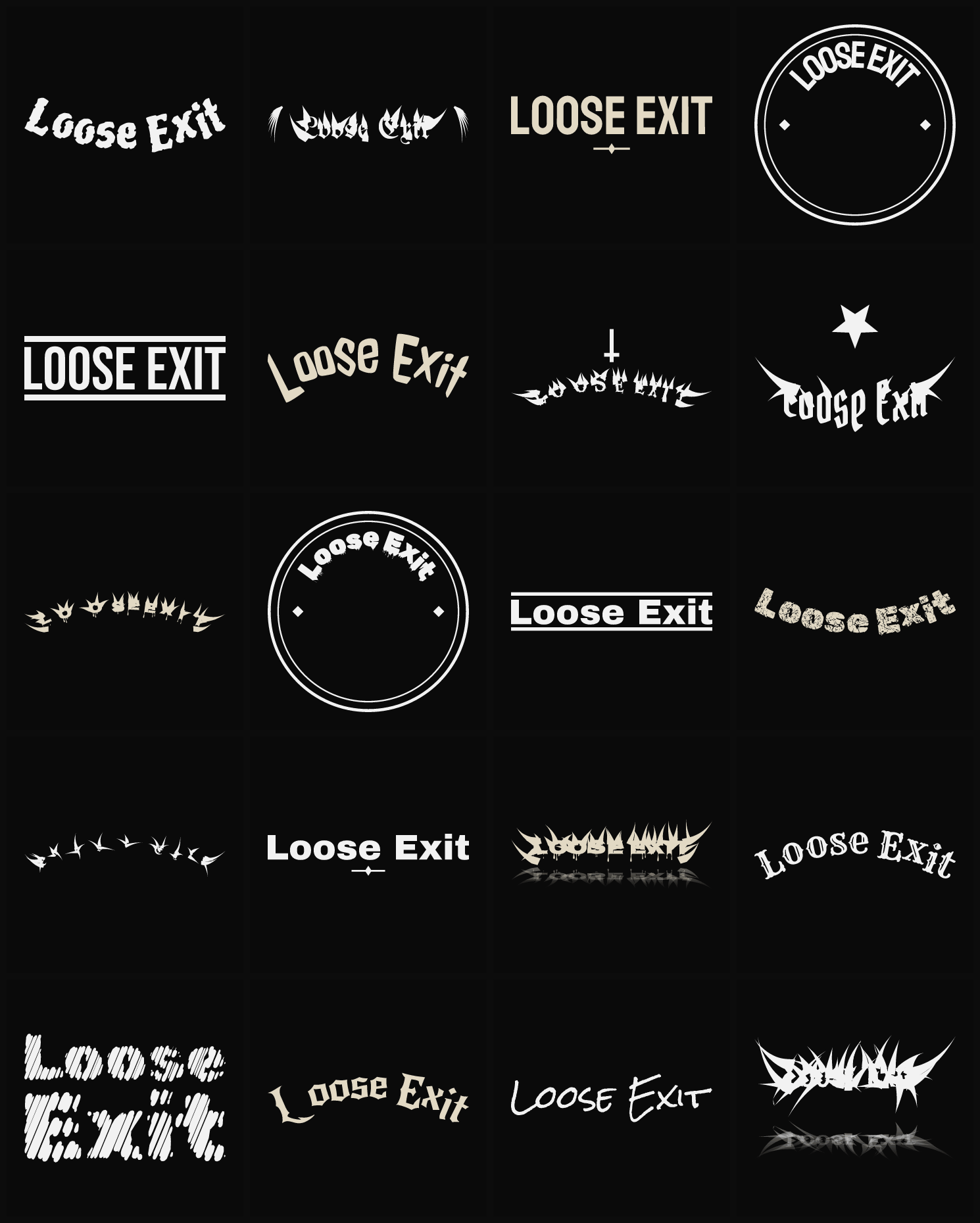 Twenty Loose Exit band logo ideas — different faces, treatments and spike settings
