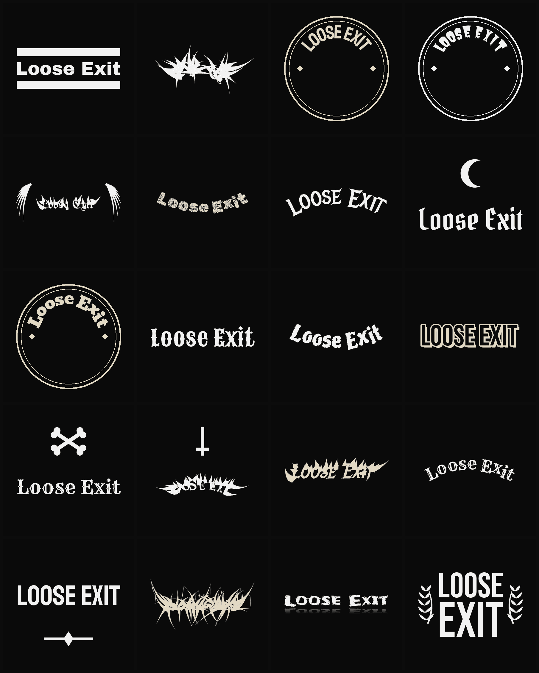 Twenty Loose Exit band logo ideas — different faces, treatments and spike settings