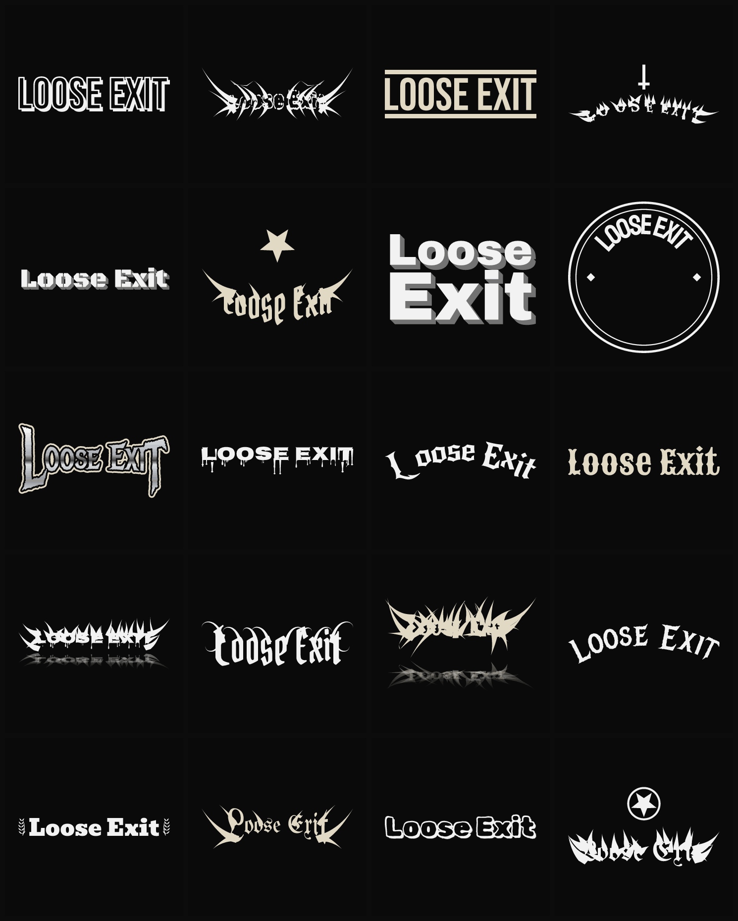 Twenty Loose Exit band logo ideas — different faces, treatments and spike settings