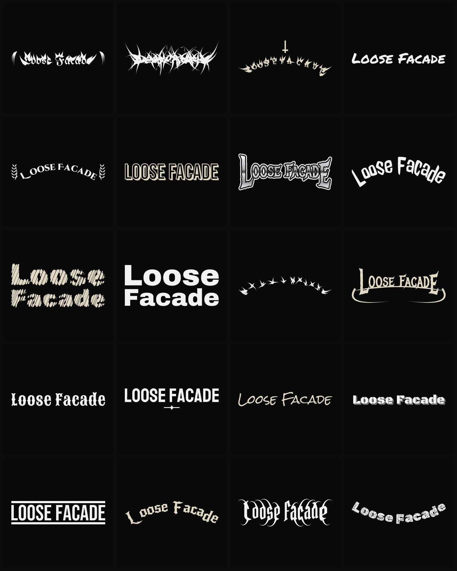 Twenty Loose Facade band logo ideas — different faces, treatments and spike settings
