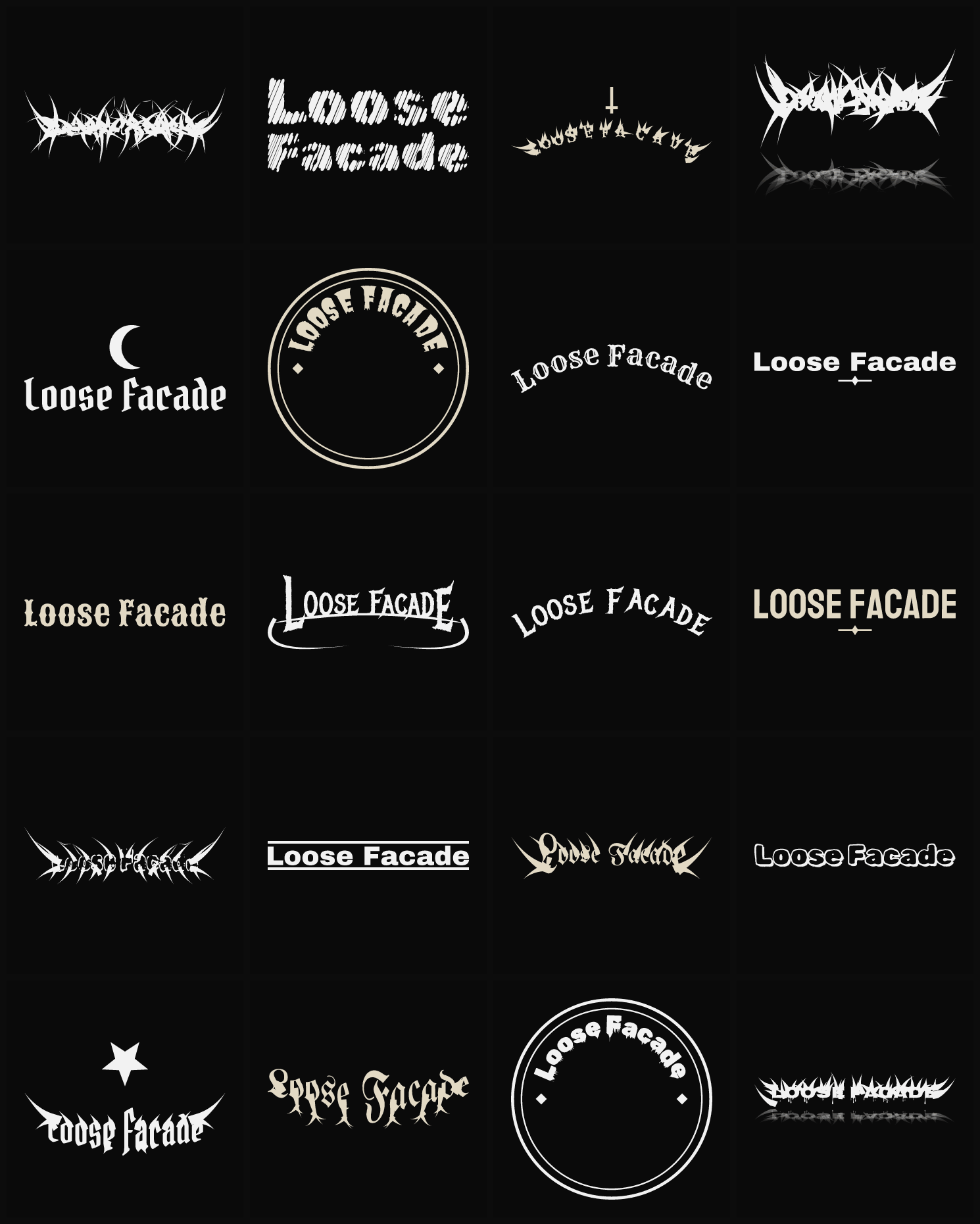 Twenty Loose Facade band logo ideas — different faces, treatments and spike settings