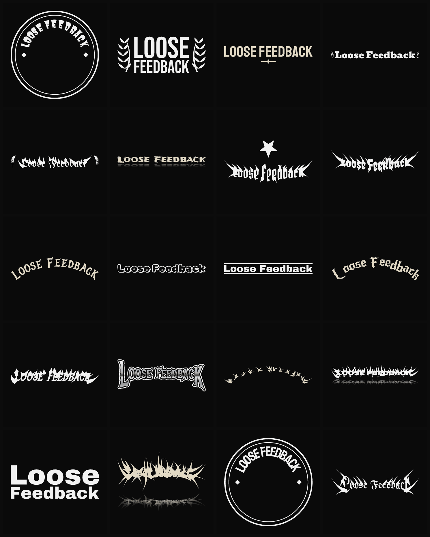 Twenty Loose Feedback band logo ideas — different faces, treatments and spike settings