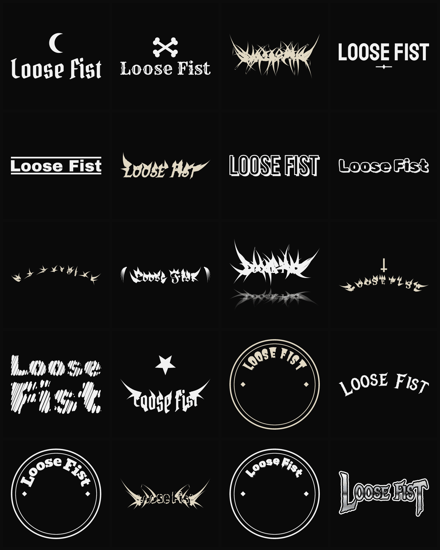 Twenty Loose Fist band logo ideas — different faces, treatments and spike settings