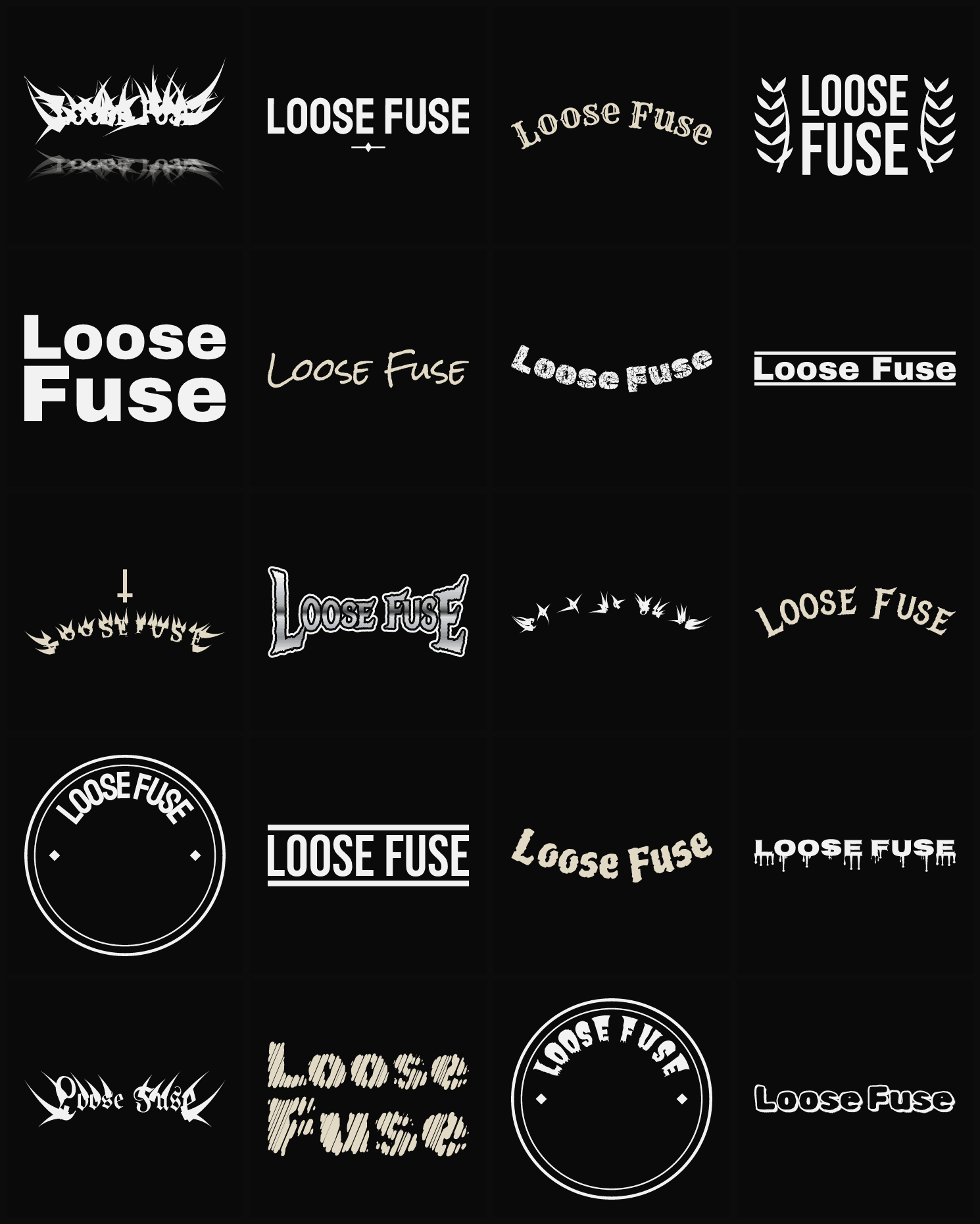 Twenty Loose Fuse band logo ideas — different faces, treatments and spike settings