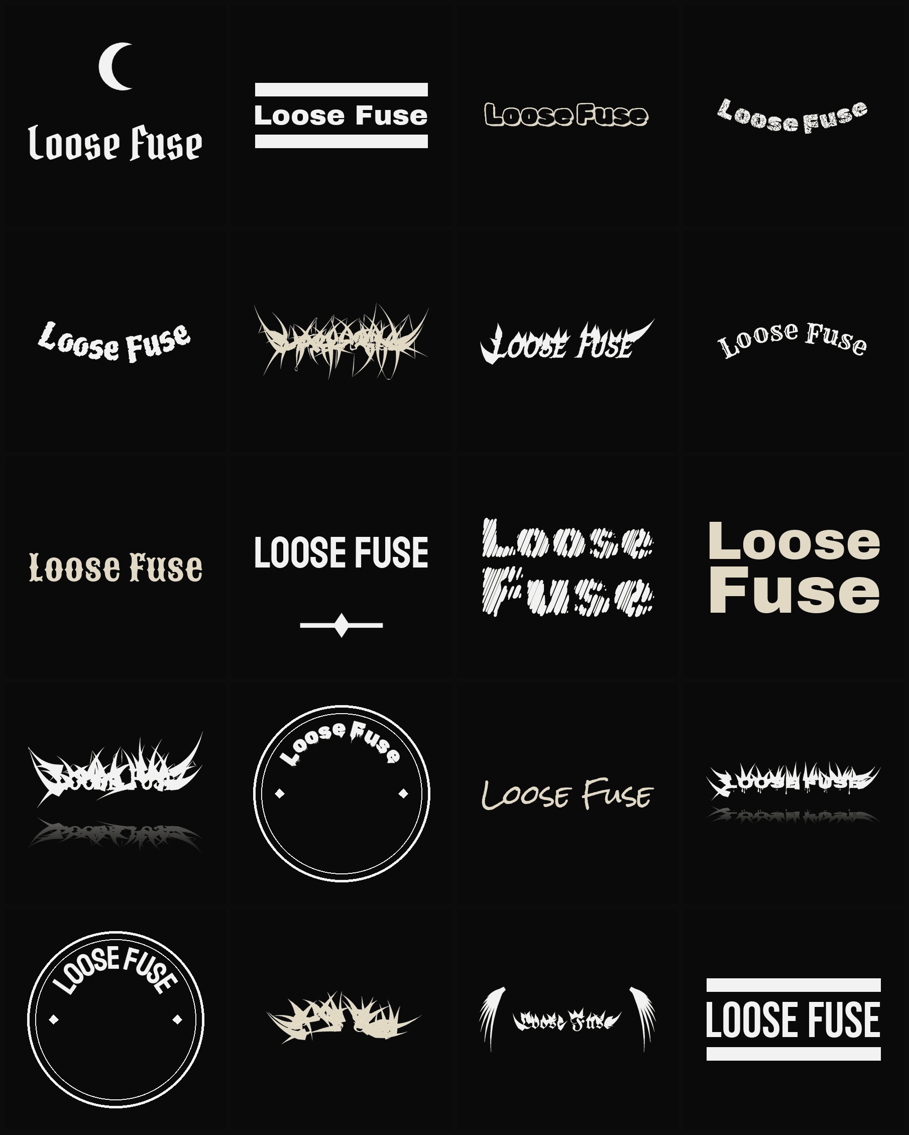 Twenty Loose Fuse band logo ideas — different faces, treatments and spike settings