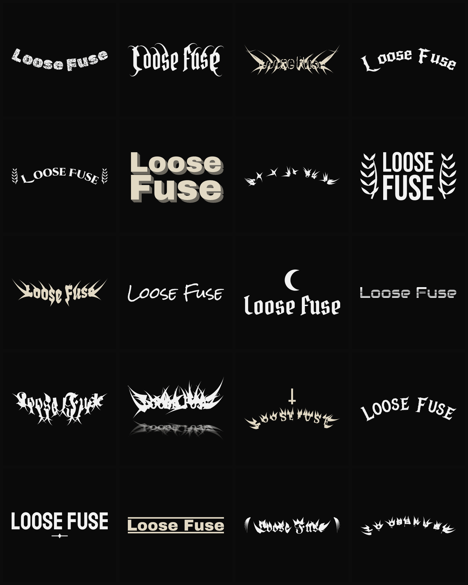 Twenty Loose Fuse band logo ideas — different faces, treatments and spike settings