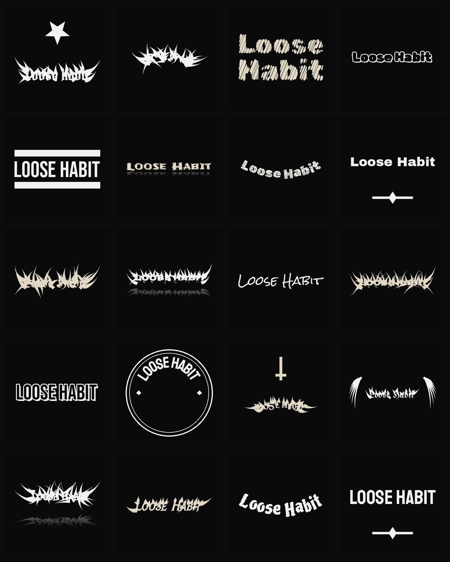 Twenty Loose Habit band logo ideas — different faces, treatments and spike settings