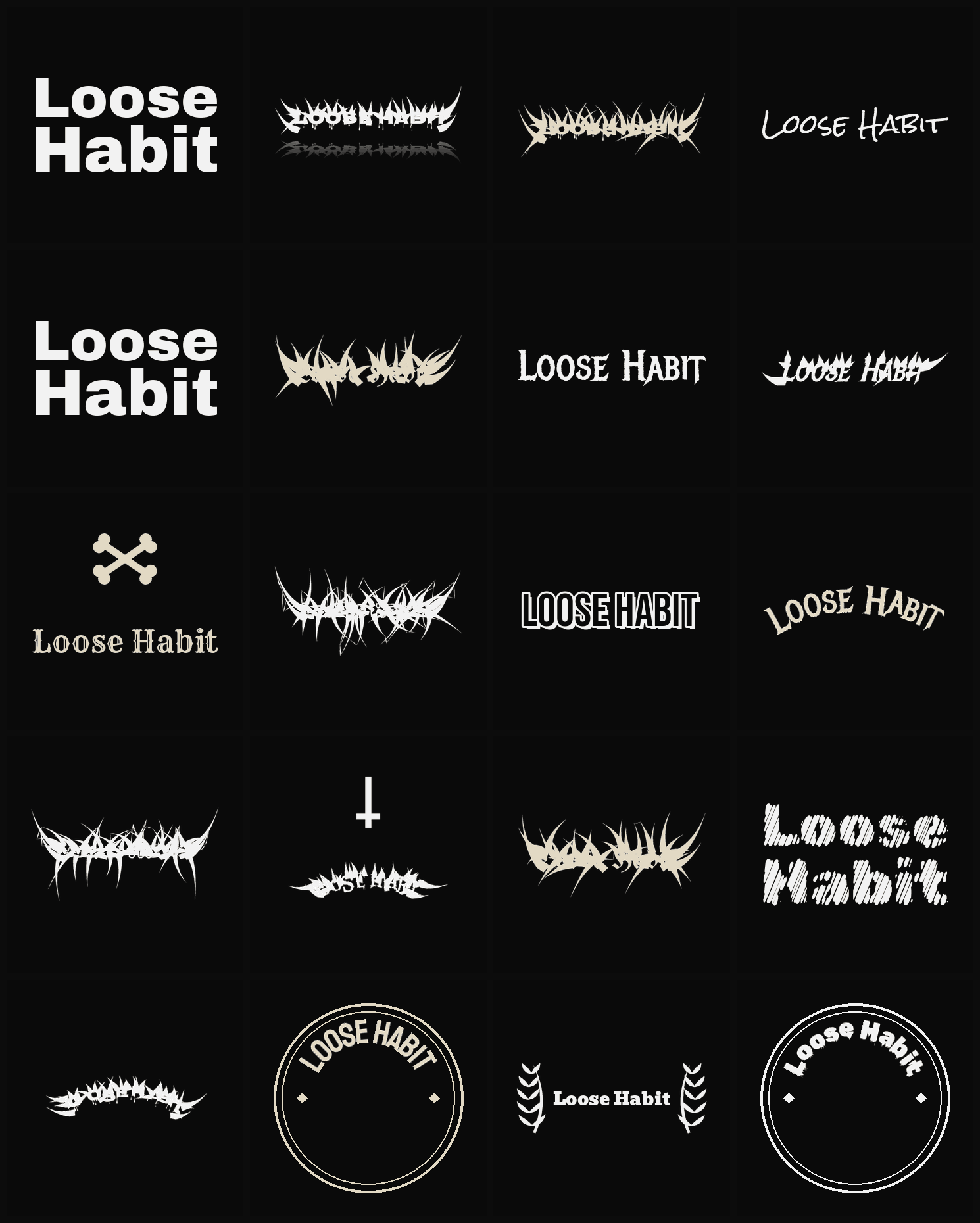 Twenty Loose Habit band logo ideas — different faces, treatments and spike settings
