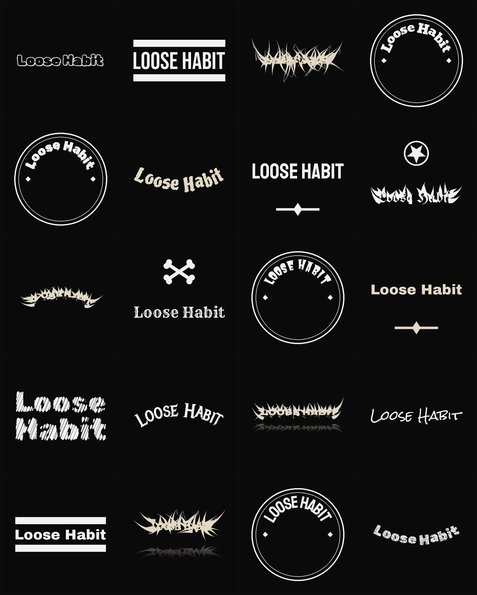 Twenty Loose Habit band logo ideas — different faces, treatments and spike settings