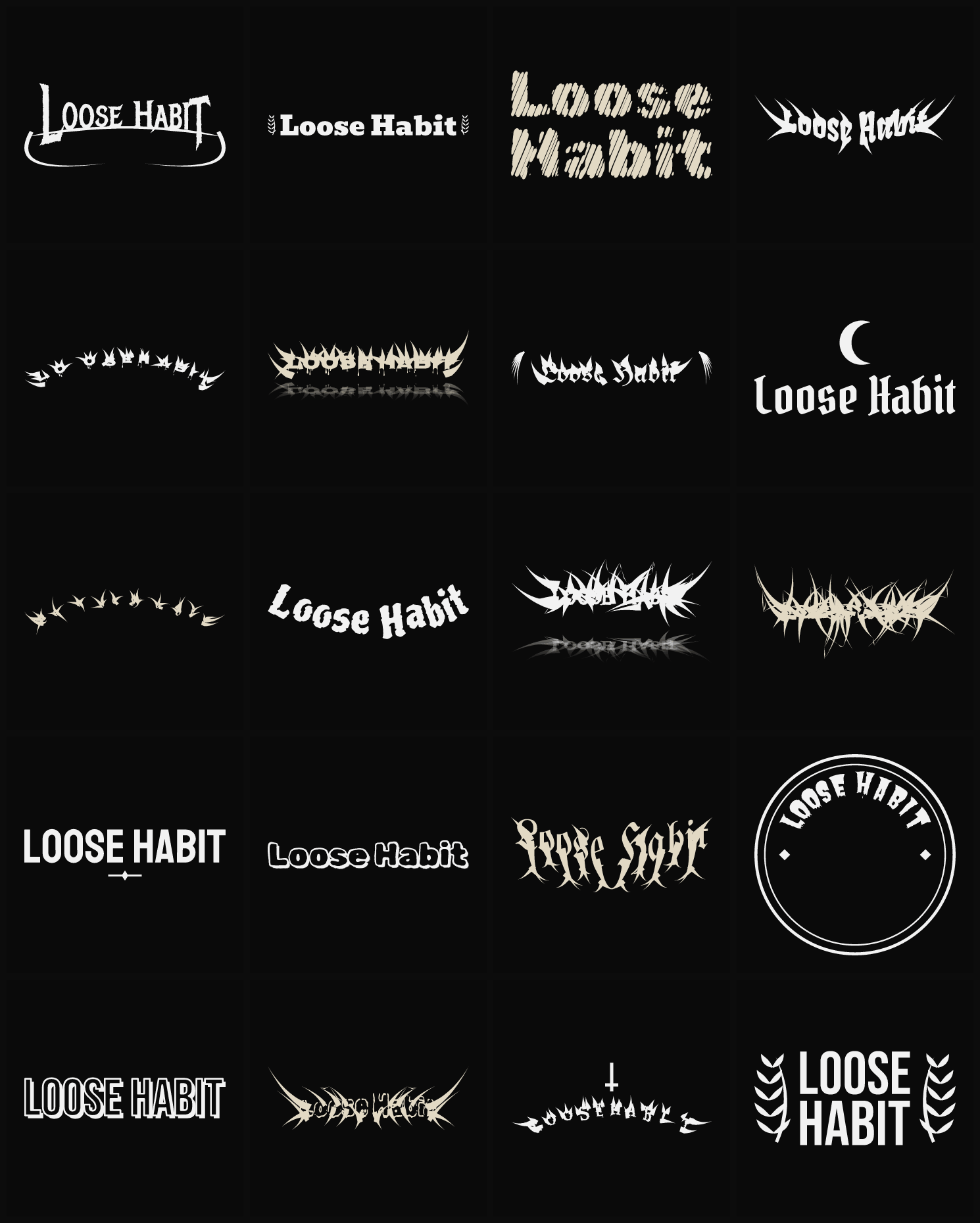 Twenty Loose Habit band logo ideas — different faces, treatments and spike settings
