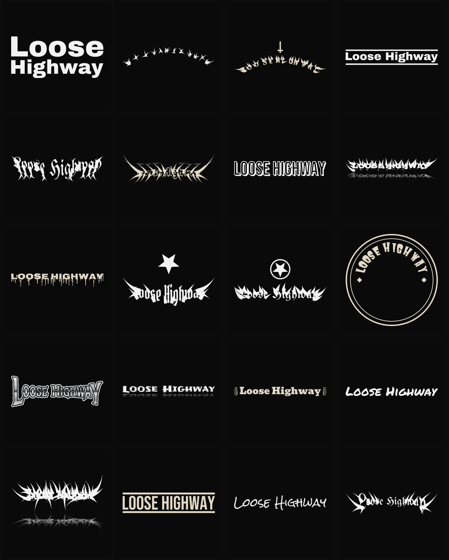 Twenty Loose Highway band logo ideas — different faces, treatments and spike settings