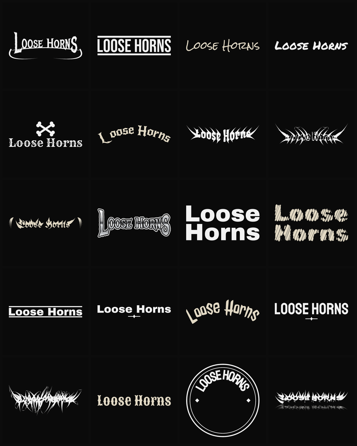 Twenty Loose Horns band logo ideas — different faces, treatments and spike settings