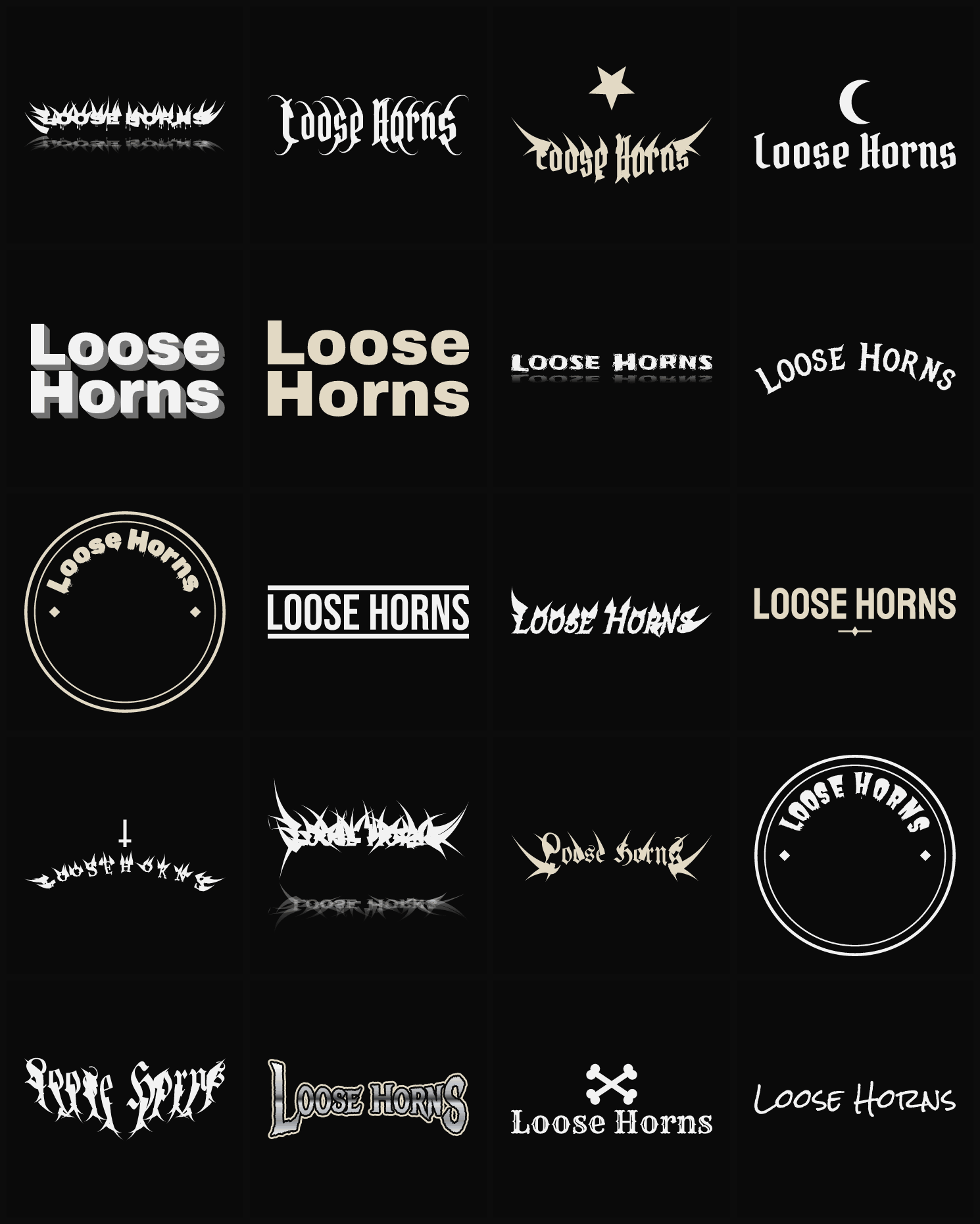 Twenty Loose Horns band logo ideas — different faces, treatments and spike settings