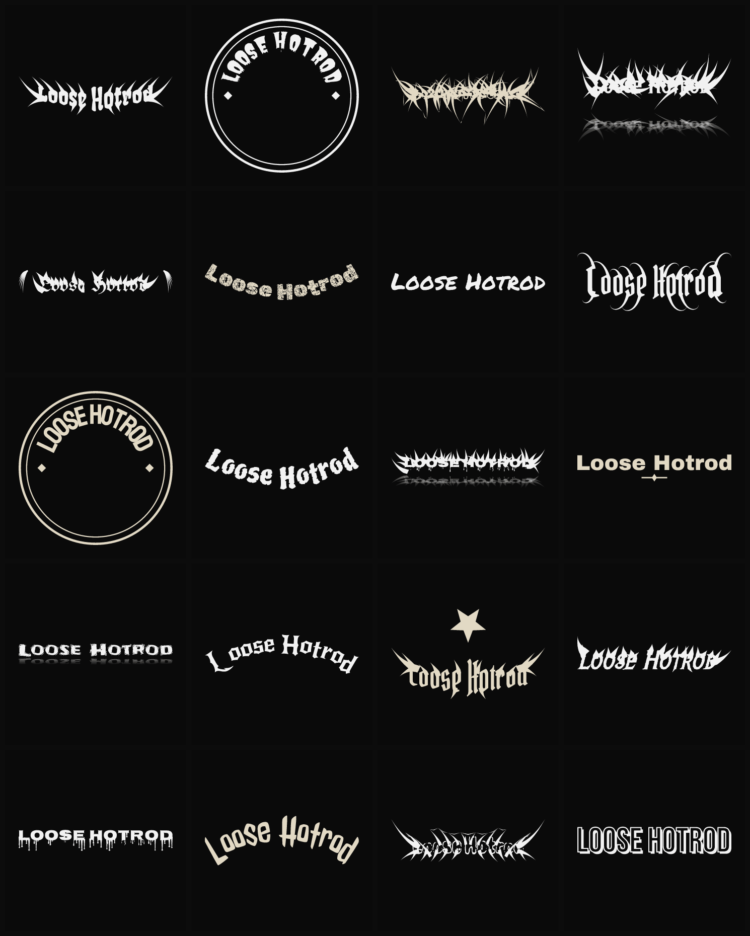Twenty Loose Hotrod band logo ideas — different faces, treatments and spike settings