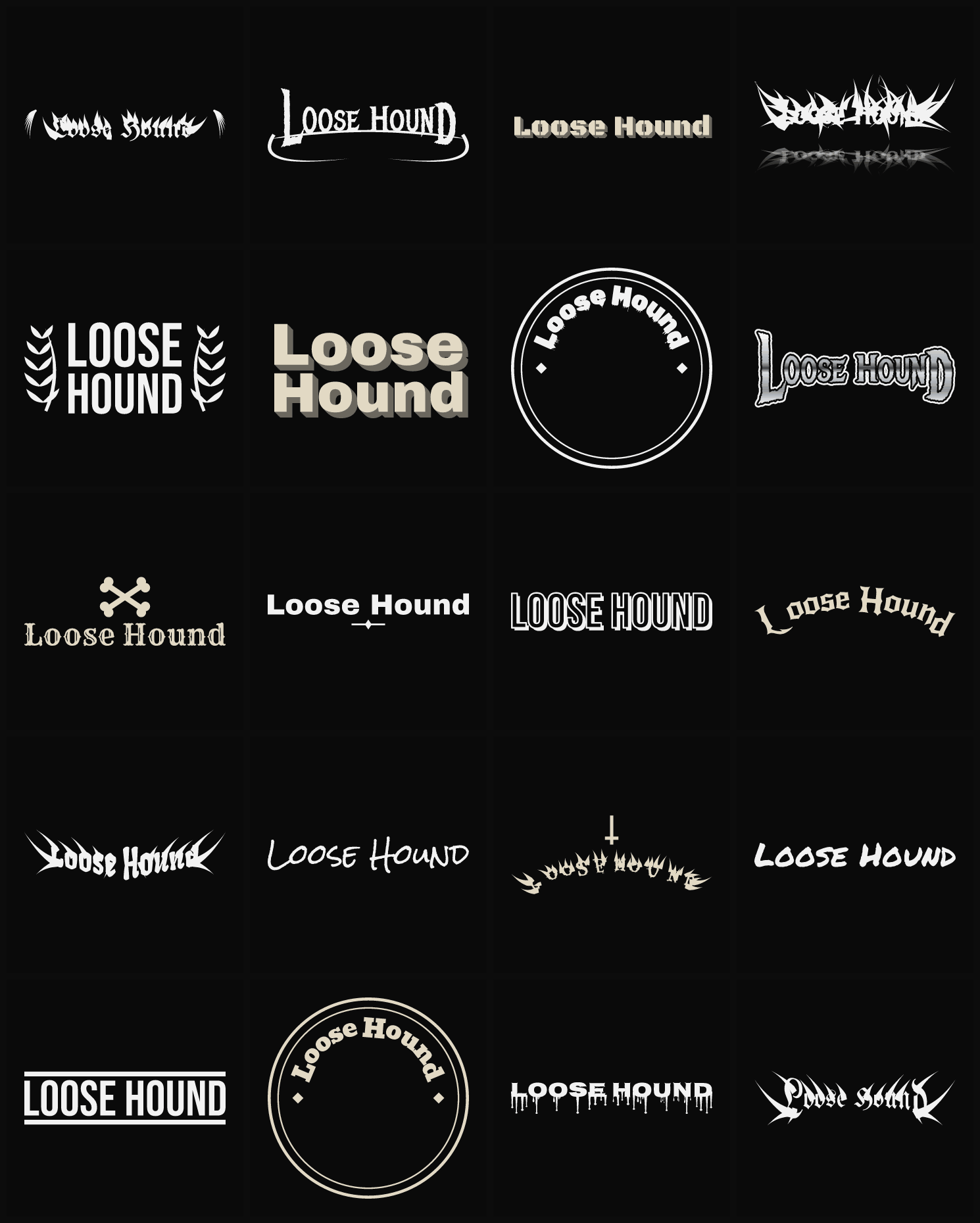 Twenty Loose Hound band logo ideas — different faces, treatments and spike settings