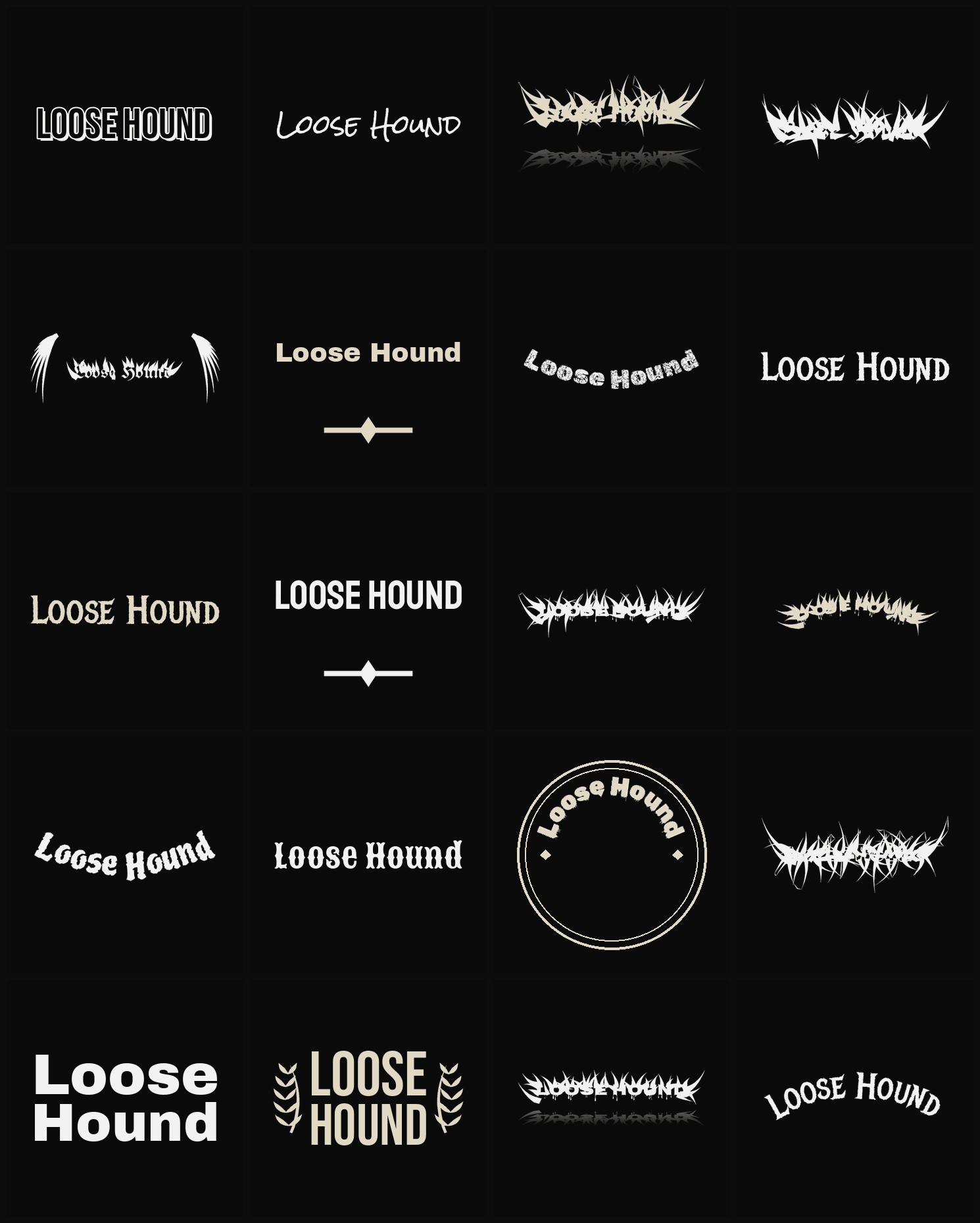 Twenty Loose Hound band logo ideas — different faces, treatments and spike settings