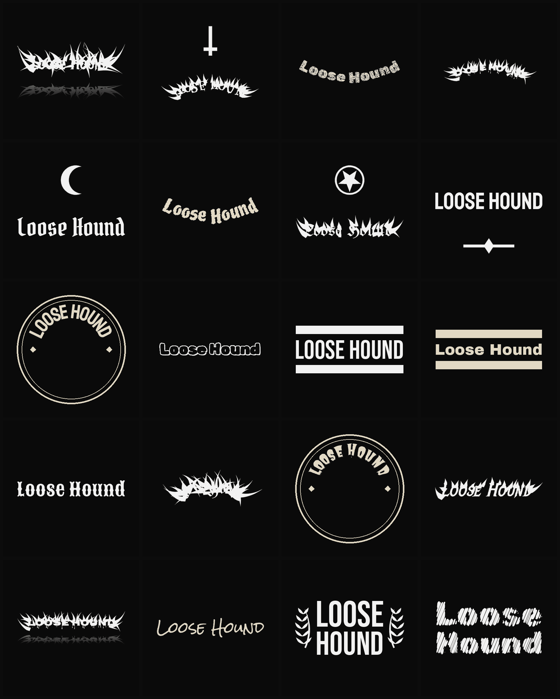 Twenty Loose Hound band logo ideas — different faces, treatments and spike settings