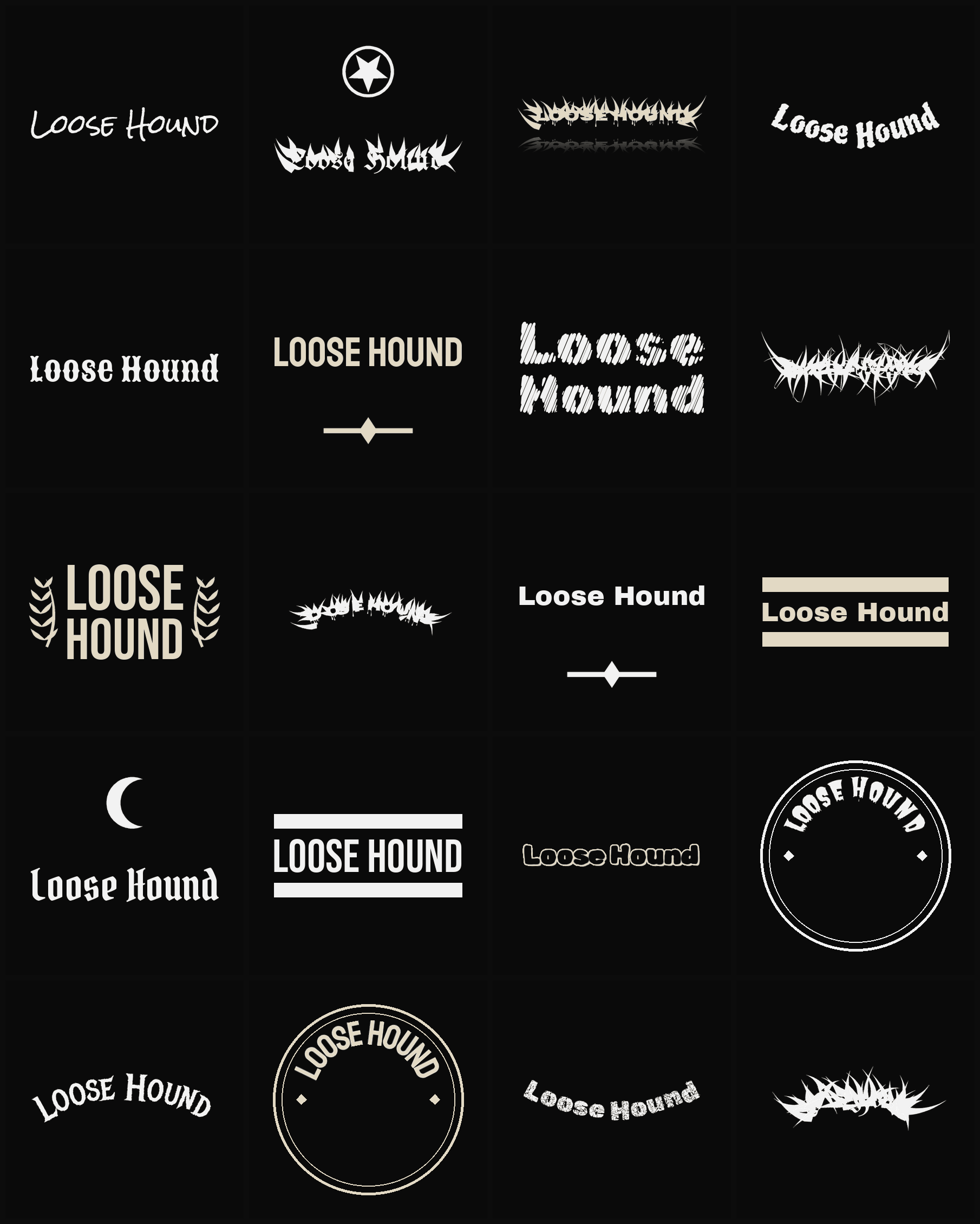 Twenty Loose Hound band logo ideas — different faces, treatments and spike settings