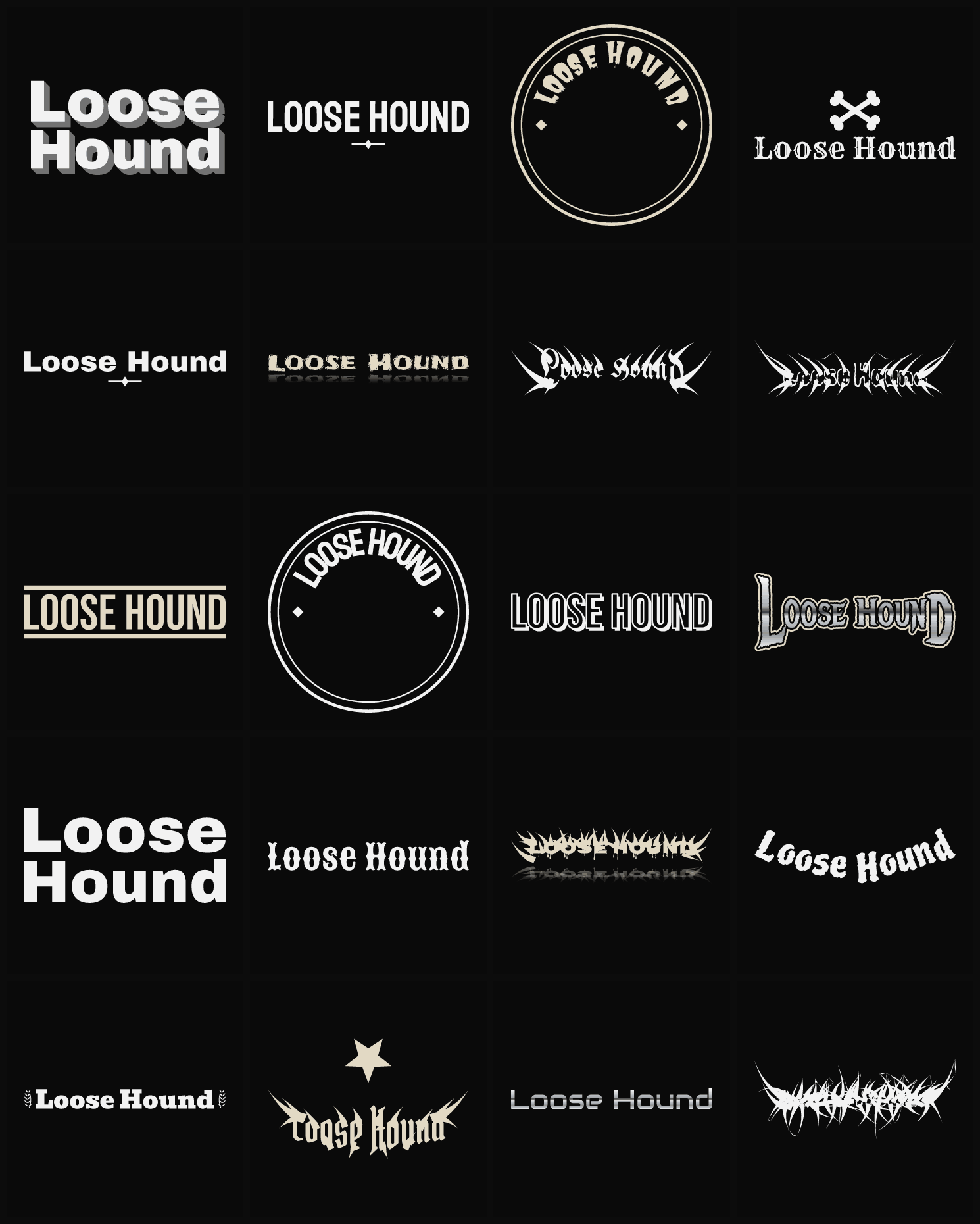 Twenty Loose Hound band logo ideas — different faces, treatments and spike settings
