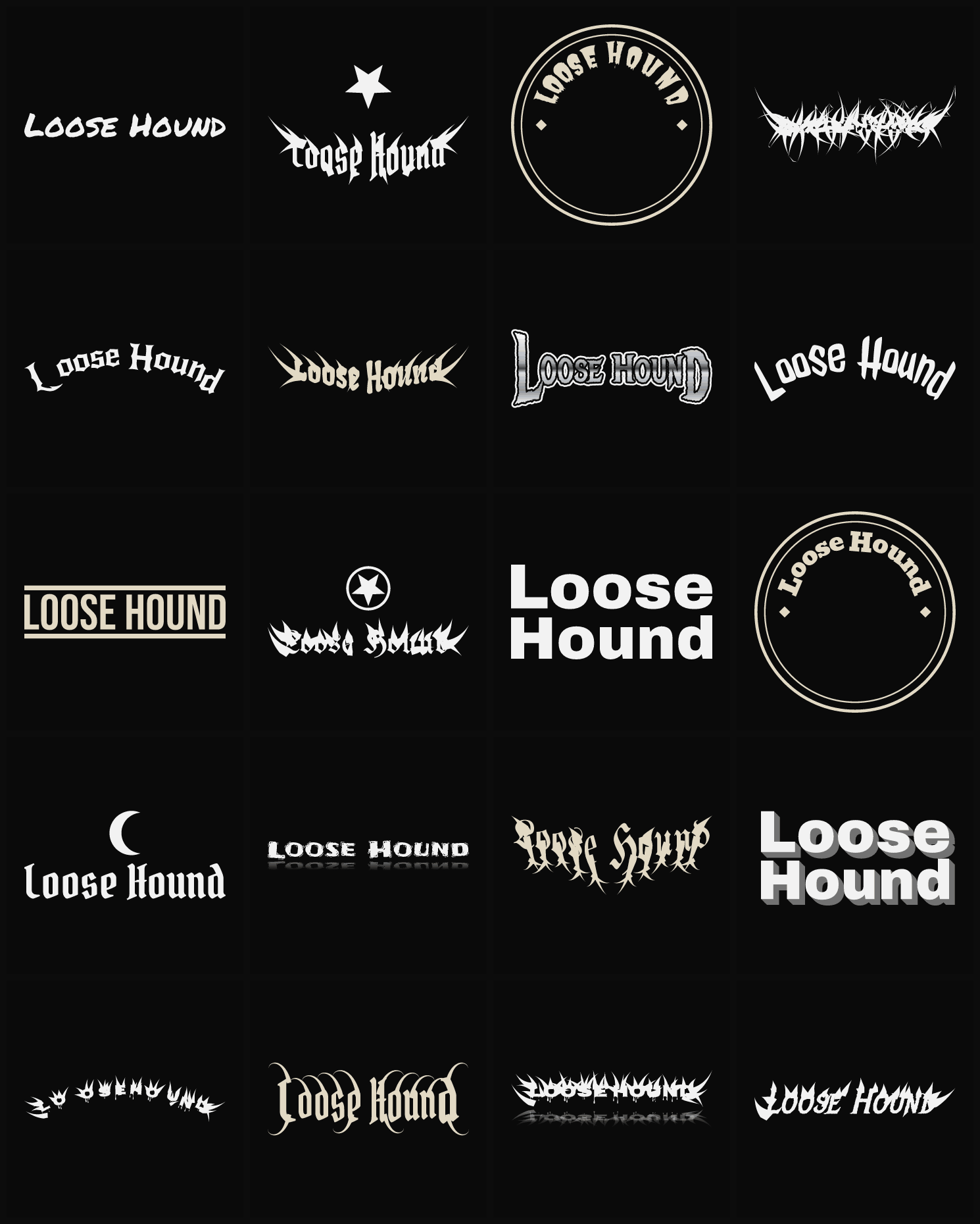 Twenty Loose Hound band logo ideas — different faces, treatments and spike settings