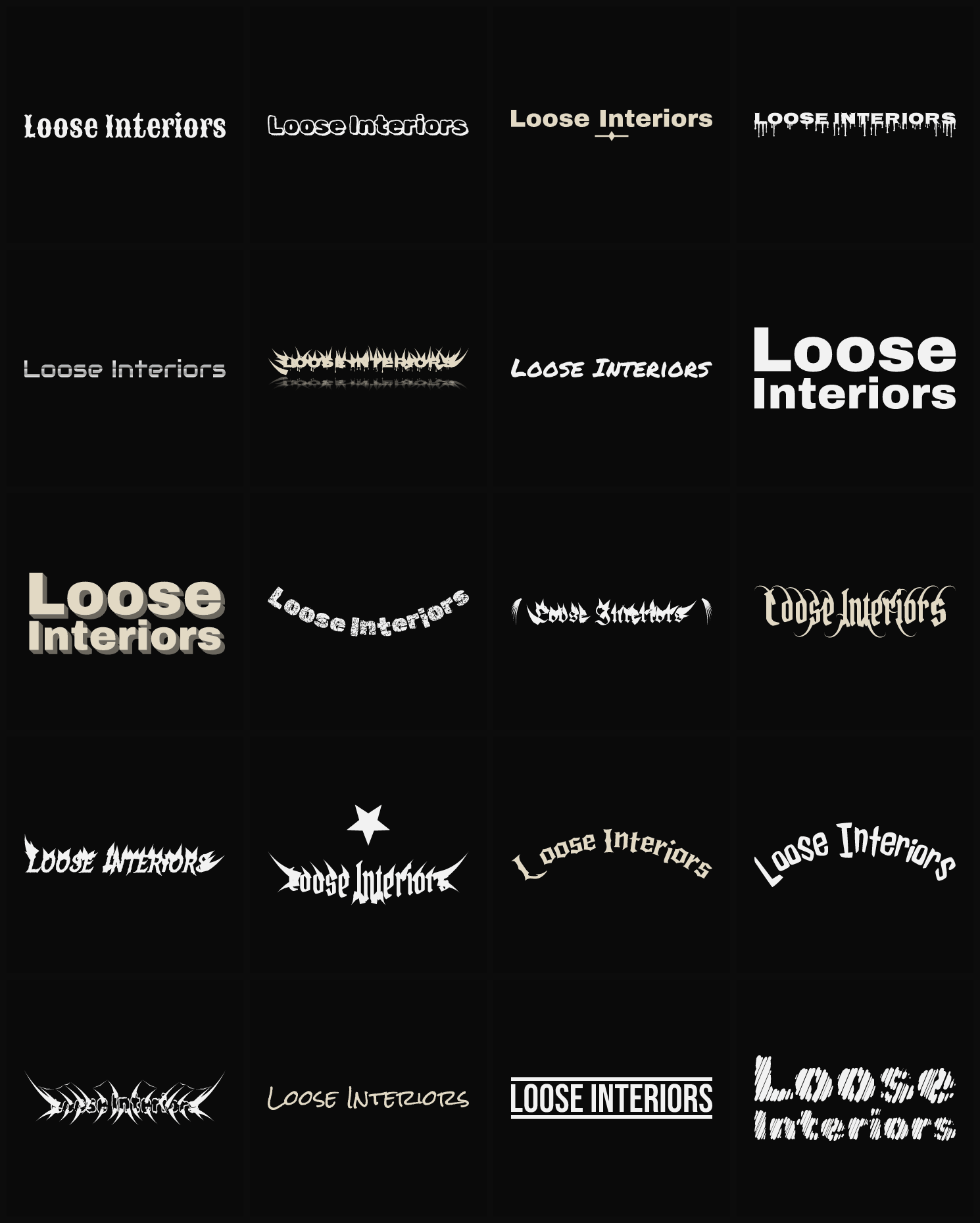 Twenty Loose Interiors band logo ideas — different faces, treatments and spike settings