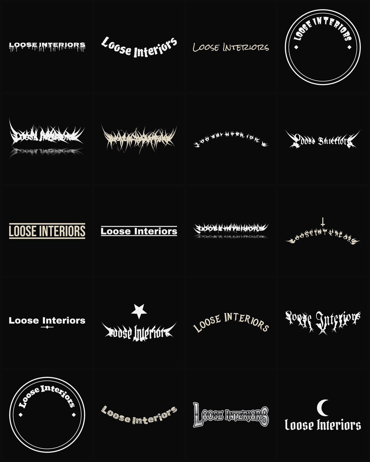 Twenty Loose Interiors band logo ideas — different faces, treatments and spike settings