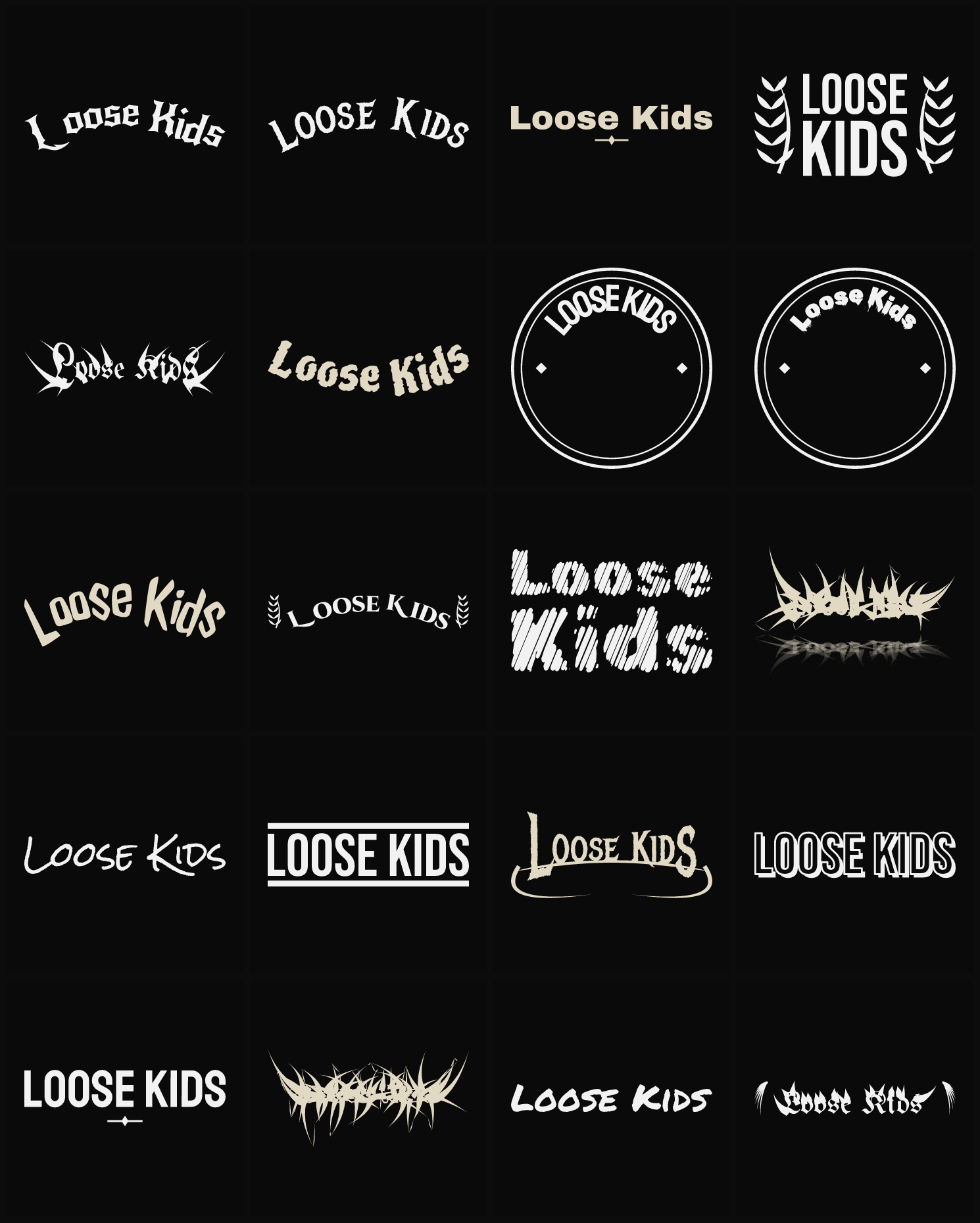 Twenty Loose Kids band logo ideas — different faces, treatments and spike settings