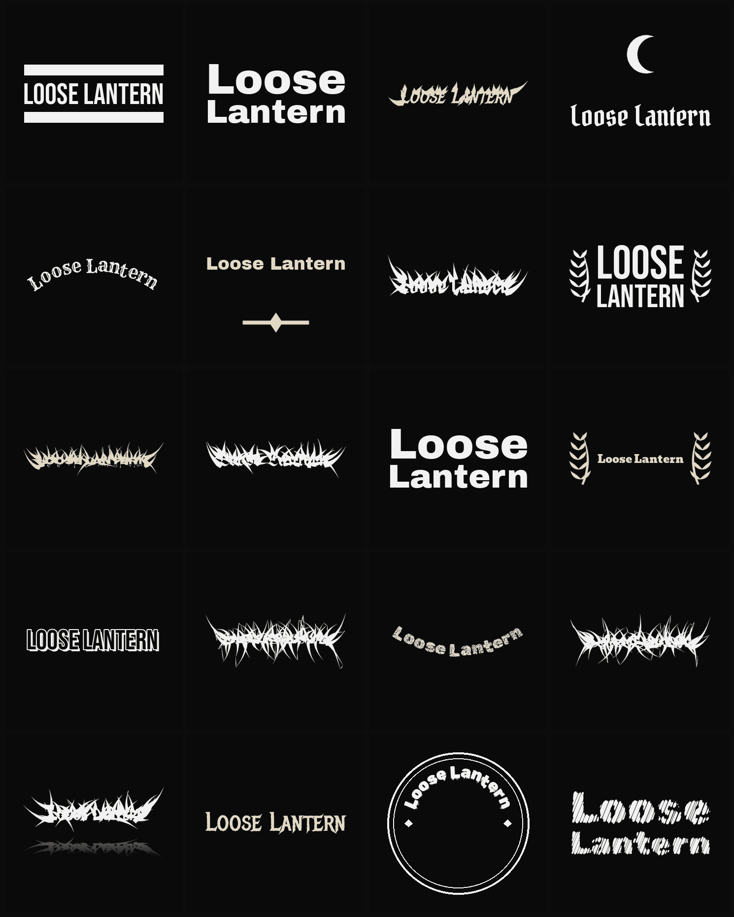 Twenty Loose Lantern band logo ideas — different faces, treatments and spike settings