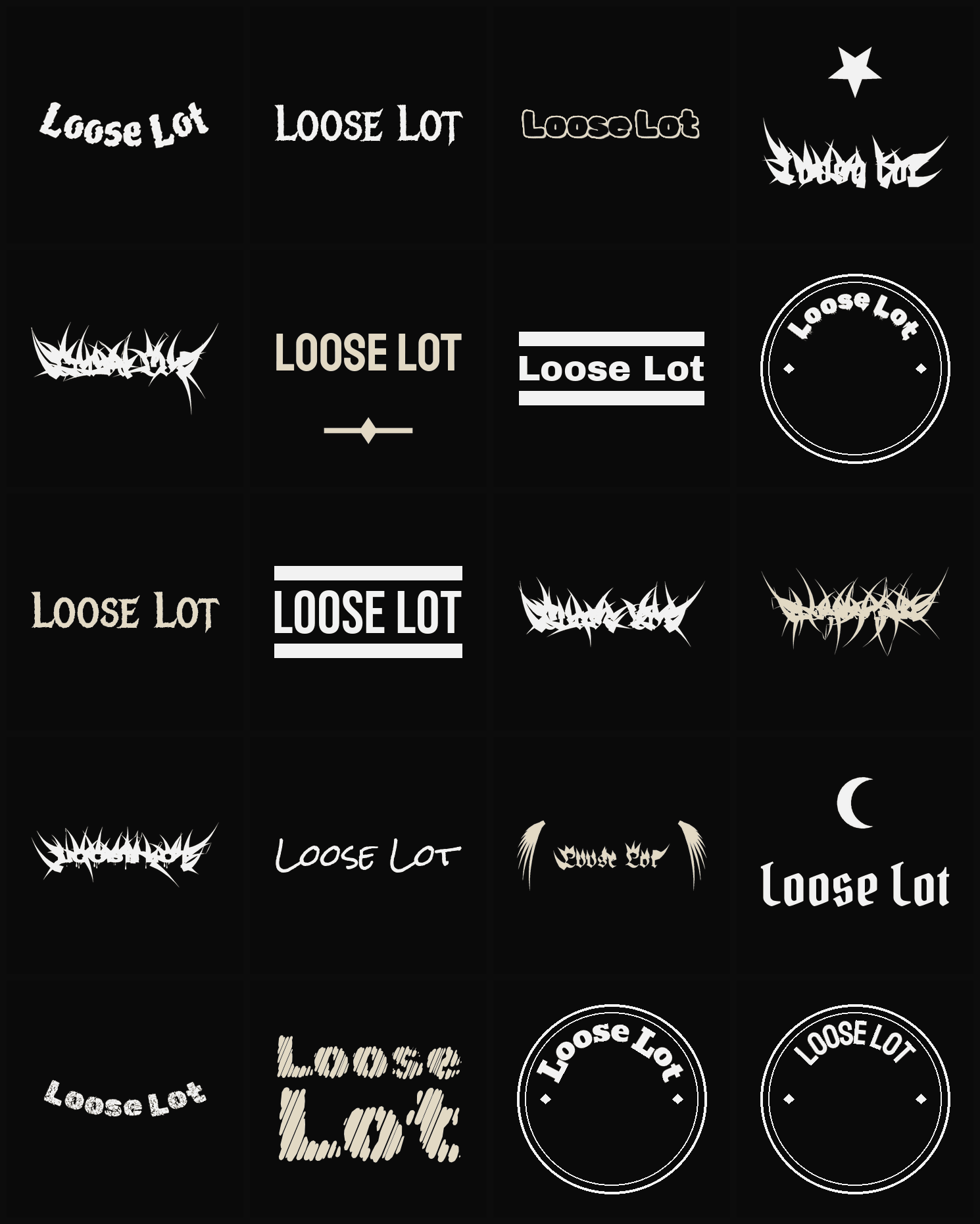 Twenty Loose Lot band logo ideas — different faces, treatments and spike settings